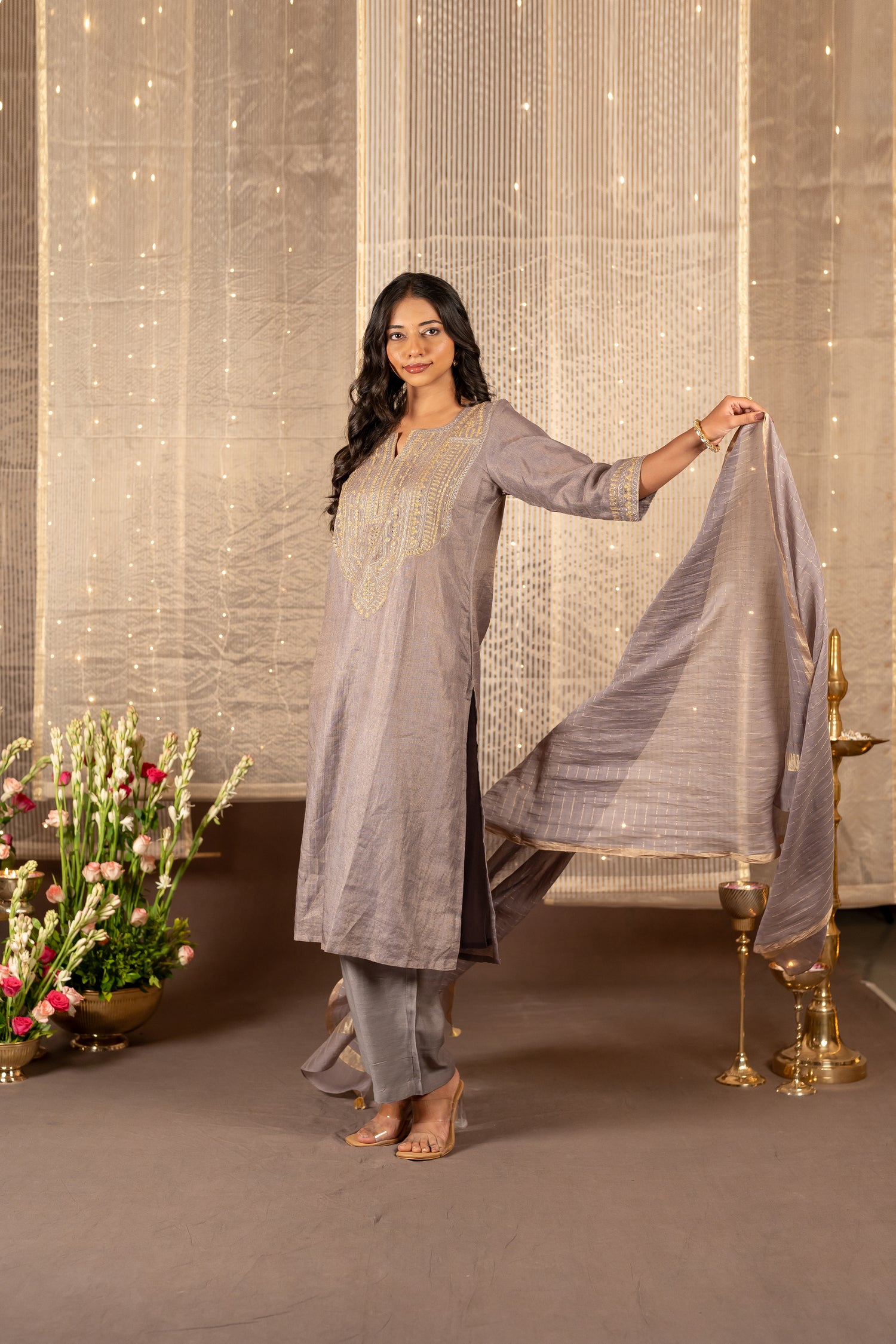 Ray Ethnic The Ira Steel Grey Silk Tissue Set of Three with Hand Embroidery