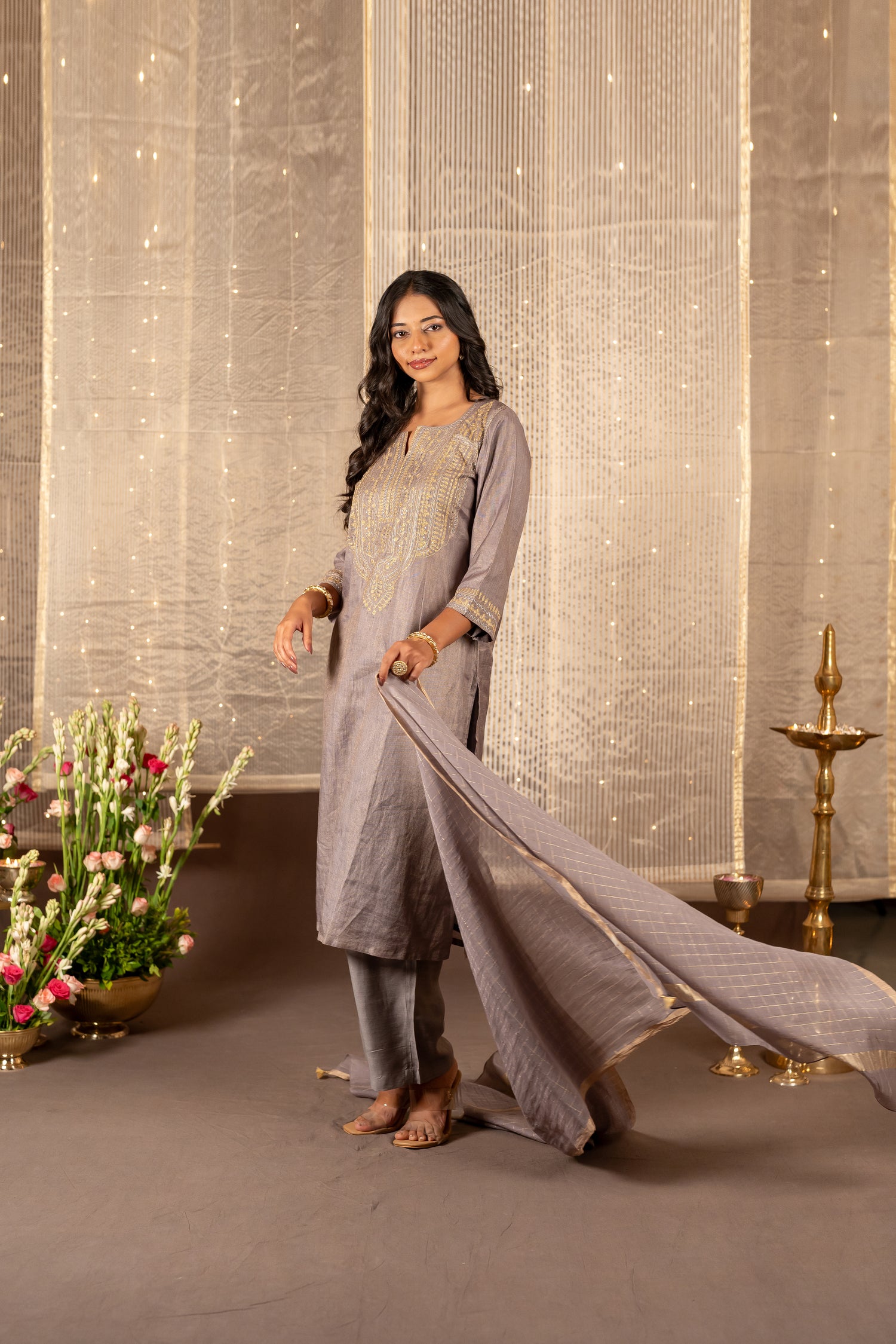 Ray Ethnic The Ira Steel Grey Silk Tissue Set of Three with Hand Embroidery