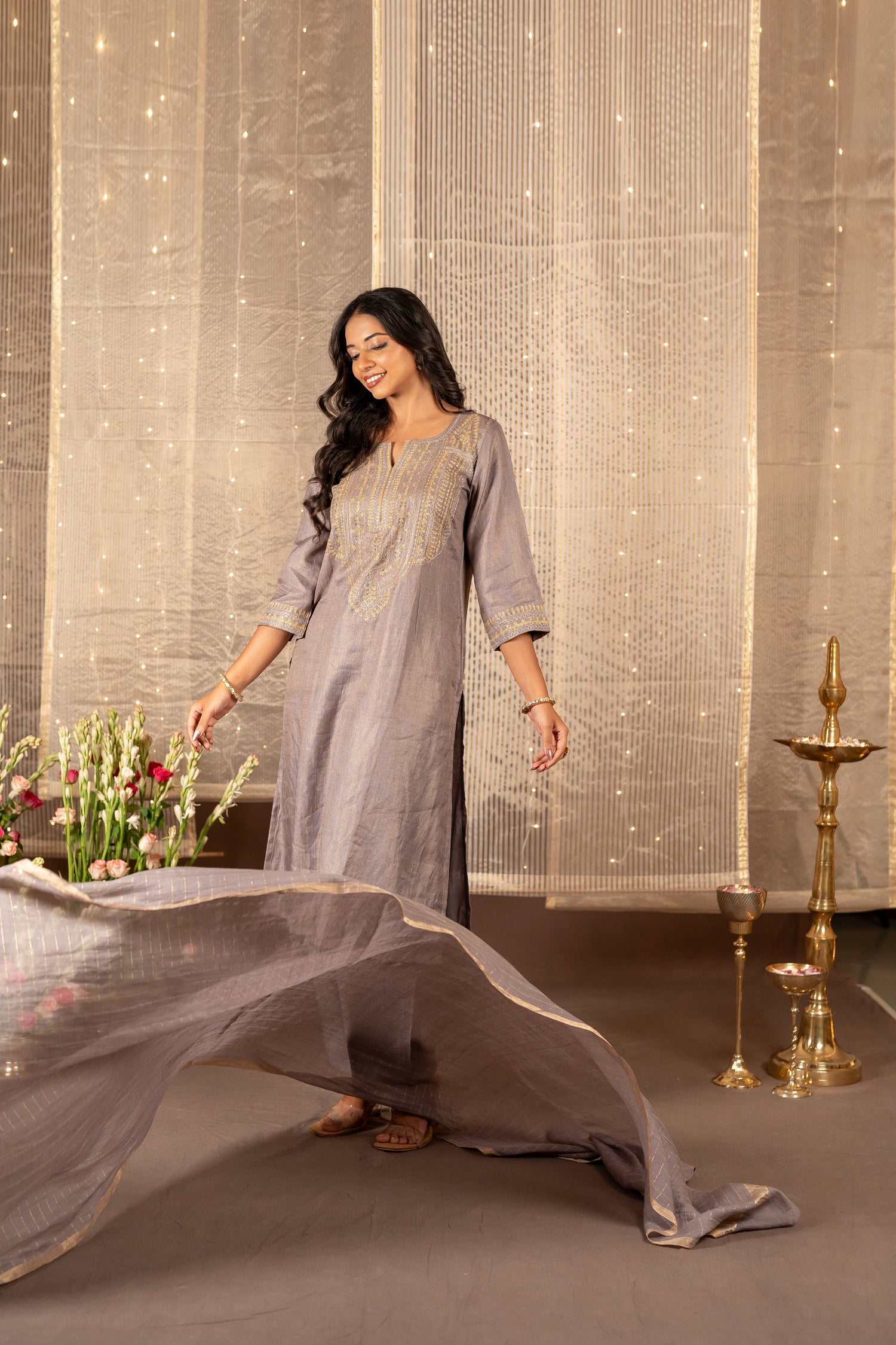 Ray Ethnic The Ira Steel Grey Silk Tissue Set of Three with Hand Embroidery