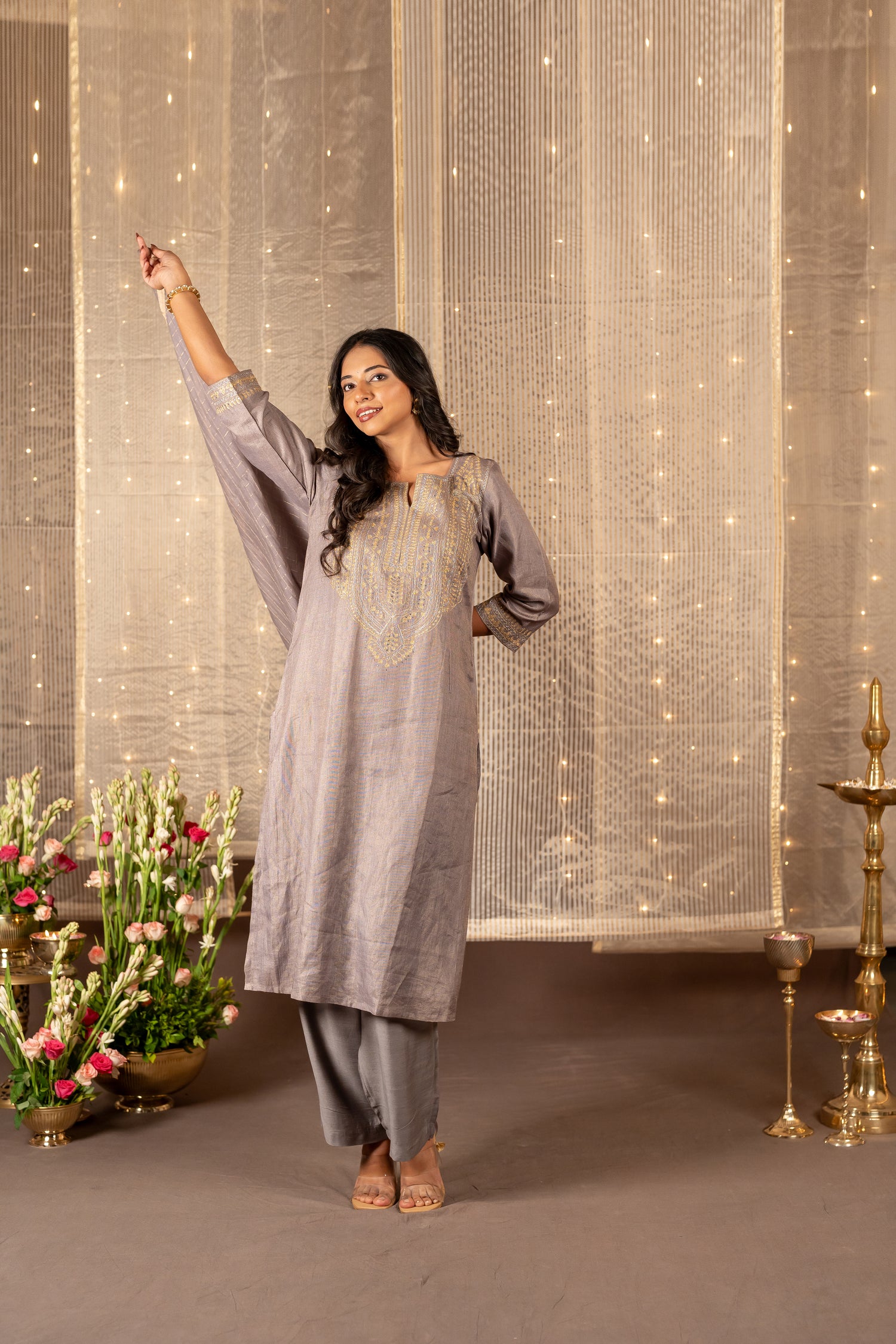 Ray Ethnic The Ira Steel Grey Silk Tissue Set of Three with Hand Embroidery