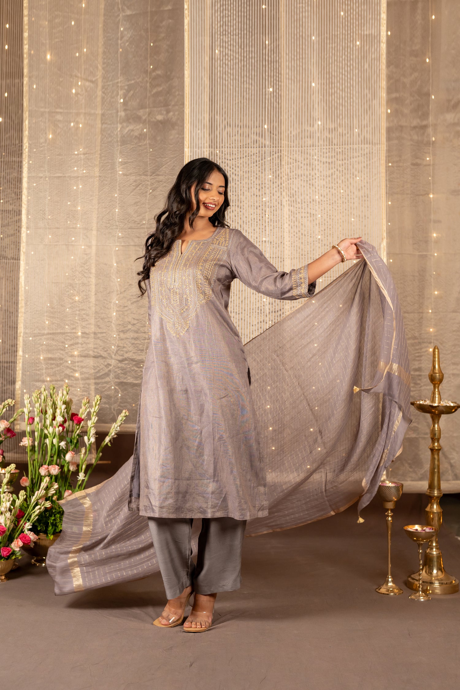 Ray Ethnic The Ira Steel Grey Silk Tissue Set of Three with Hand Embroidery