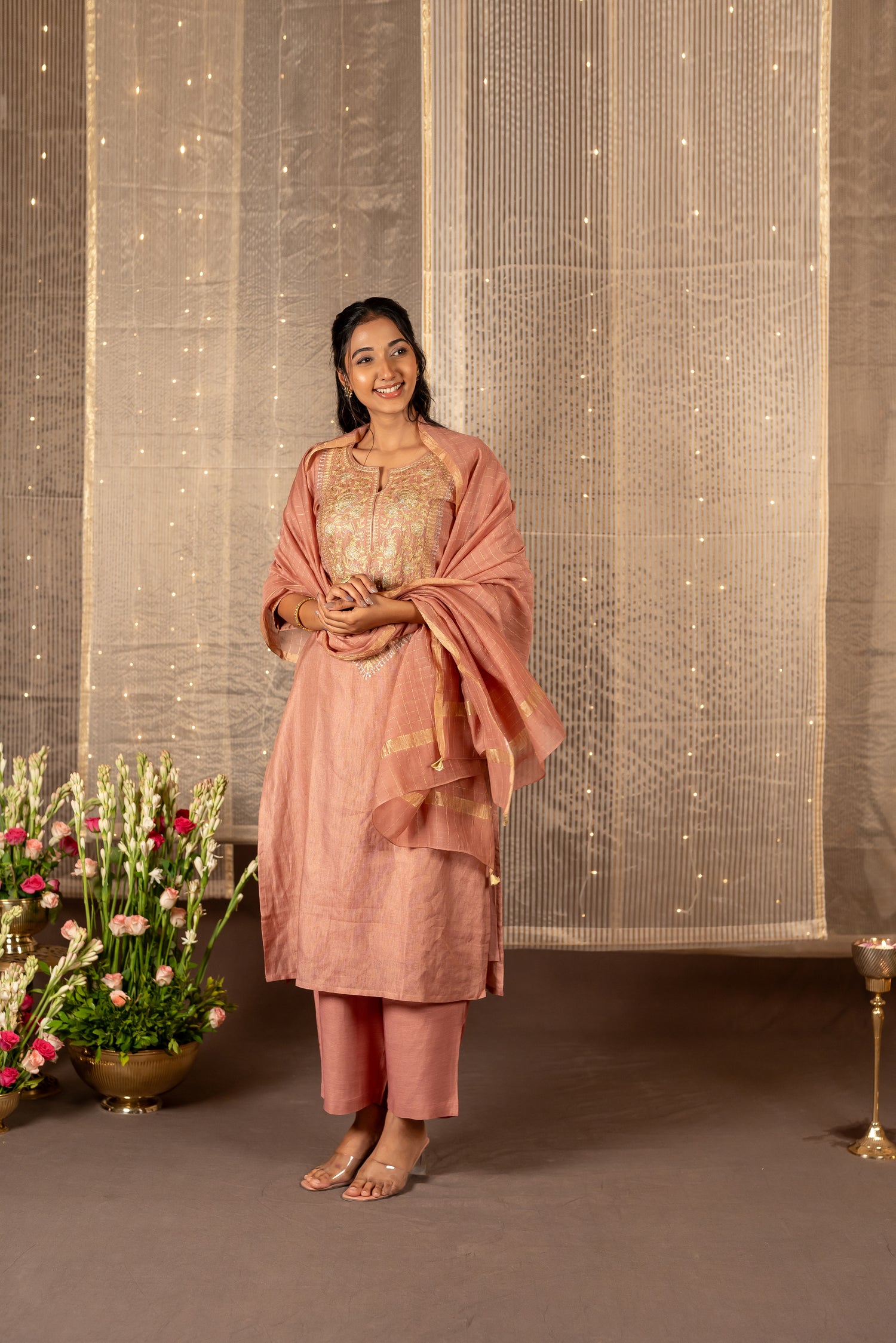 Ray Ethnic The Ira Onion Pink Silk Tissue Set of Three with Hand Embroidery