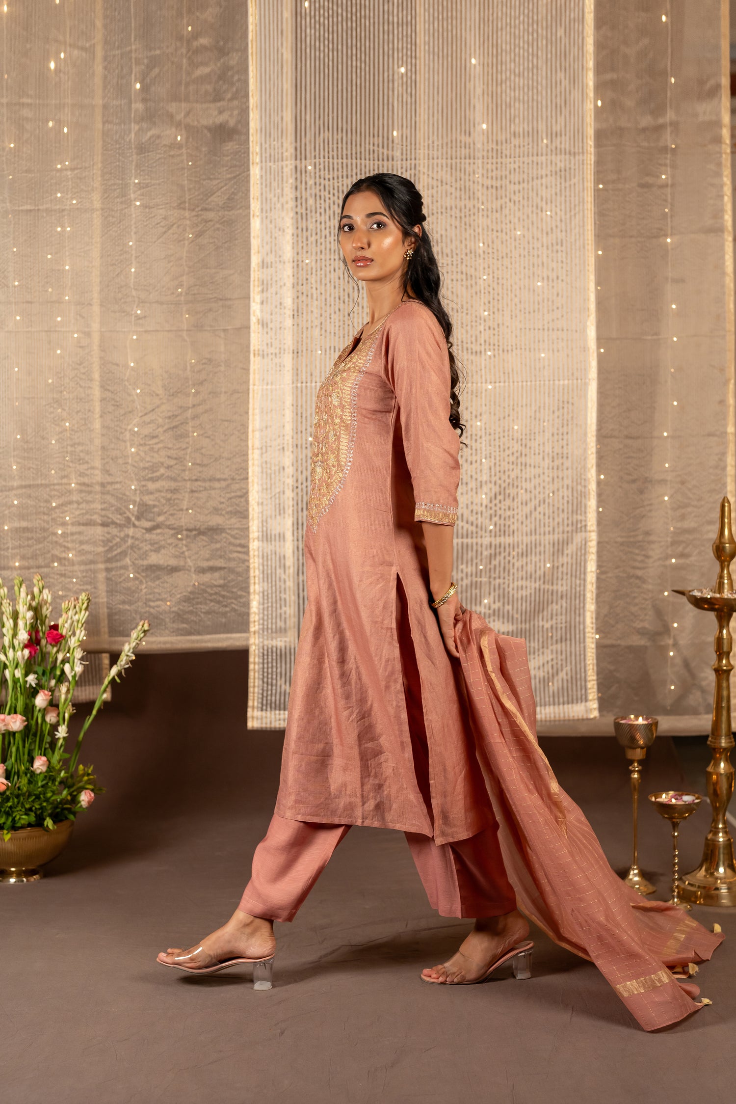 Ray Ethnic The Ira Onion Pink Silk Tissue Set of Three with Hand Embroidery