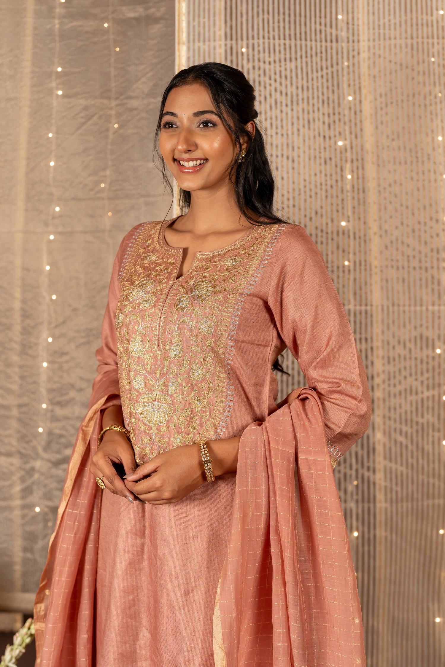 Ray Ethnic The Ira Onion Pink Silk Tissue Set of Three with Hand Embroidery