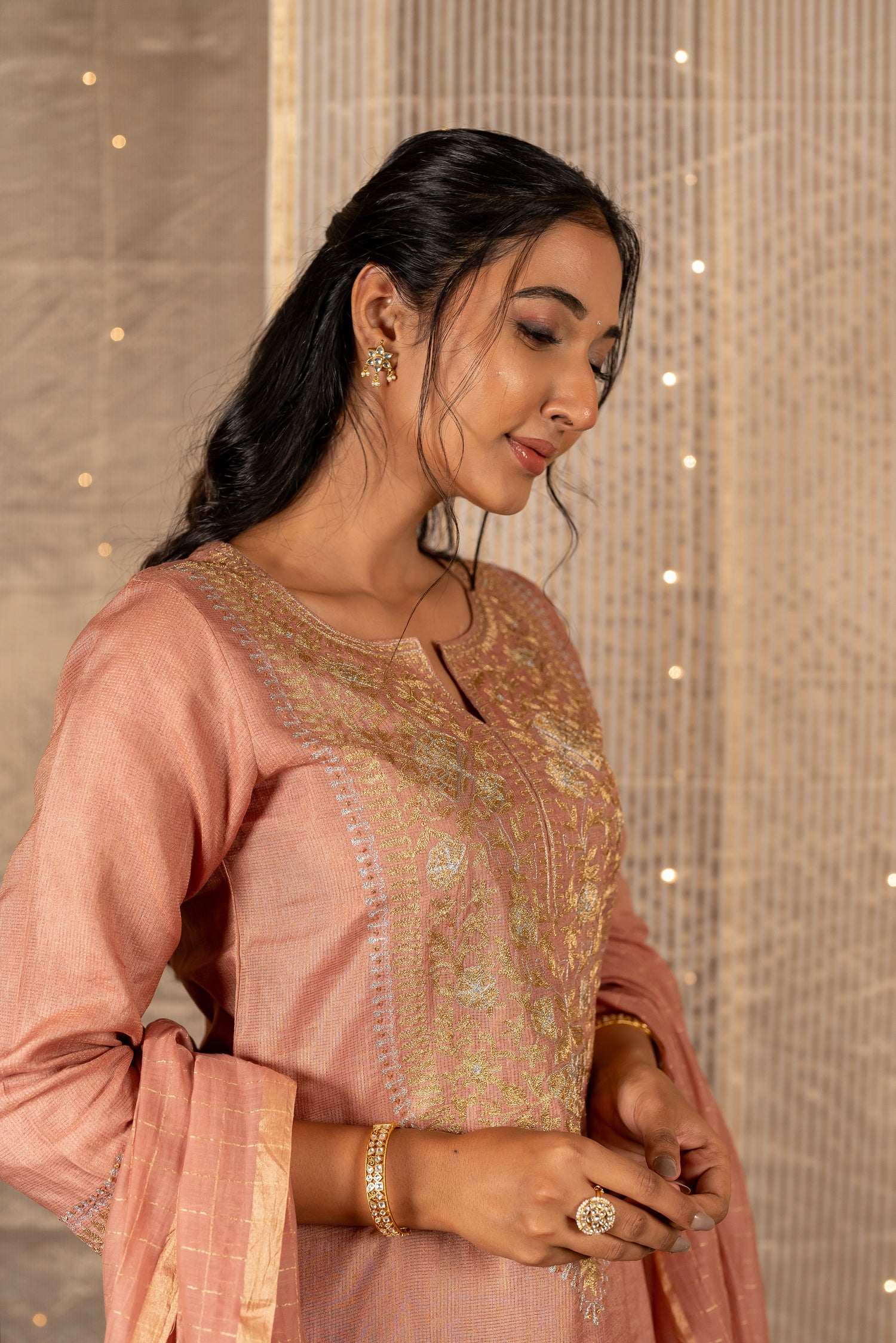 Ray Ethnic The Ira Onion Pink Silk Tissue Set of Three with Hand Embroidery