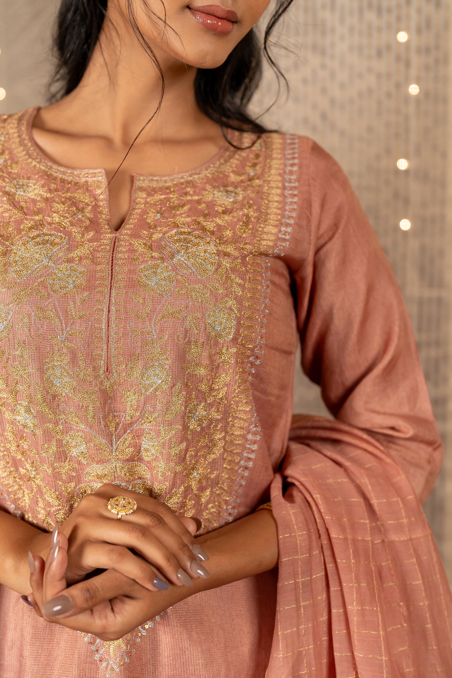 Ray Ethnic The Ira Onion Pink Silk Tissue Set of Three with Hand Embroidery