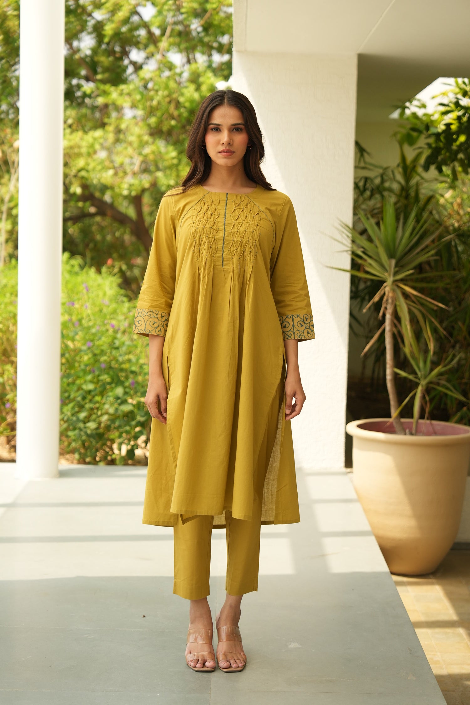 Saral Ajrakh Yellow Thread Work Cotton Kurta | Ray Ethinc