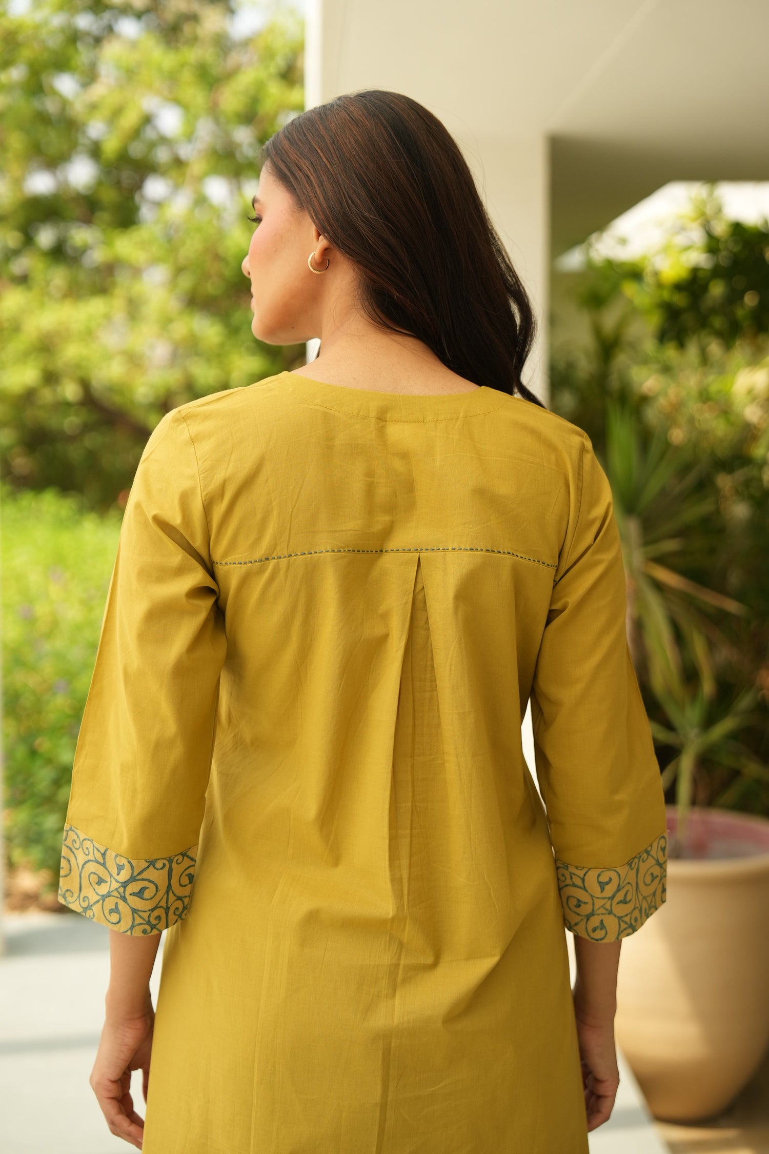 Saral Ajrakh Yellow Thread Work Cotton Kurta | Ray Ethinc