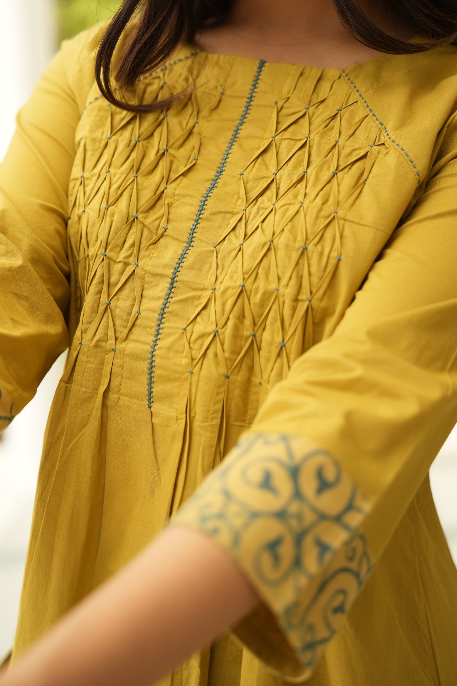 Saral Ajrakh Yellow Thread Work Cotton Kurta | Ray Ethinc