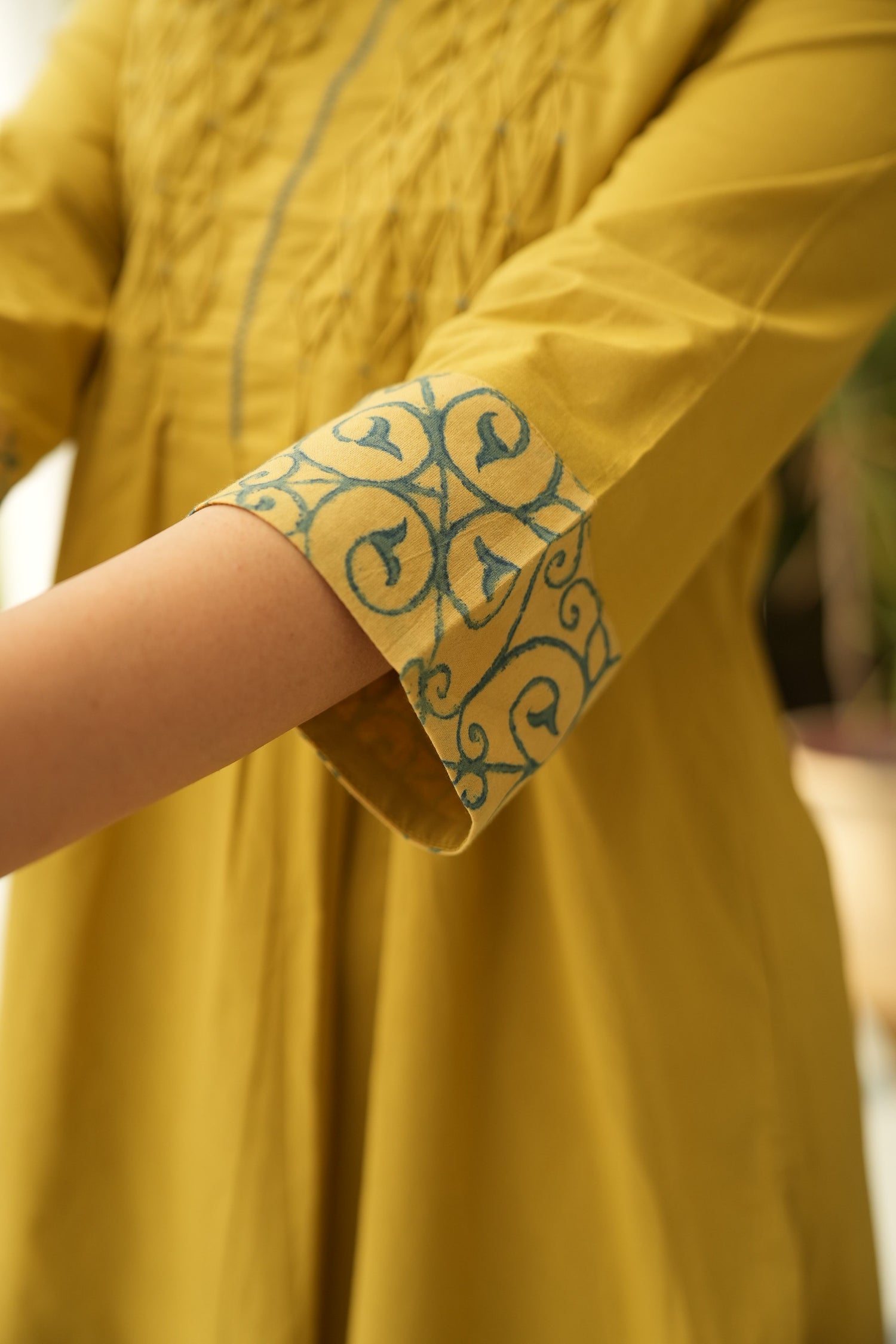 Saral Ajrakh Yellow Thread Work Cotton Kurta | Ray Ethinc