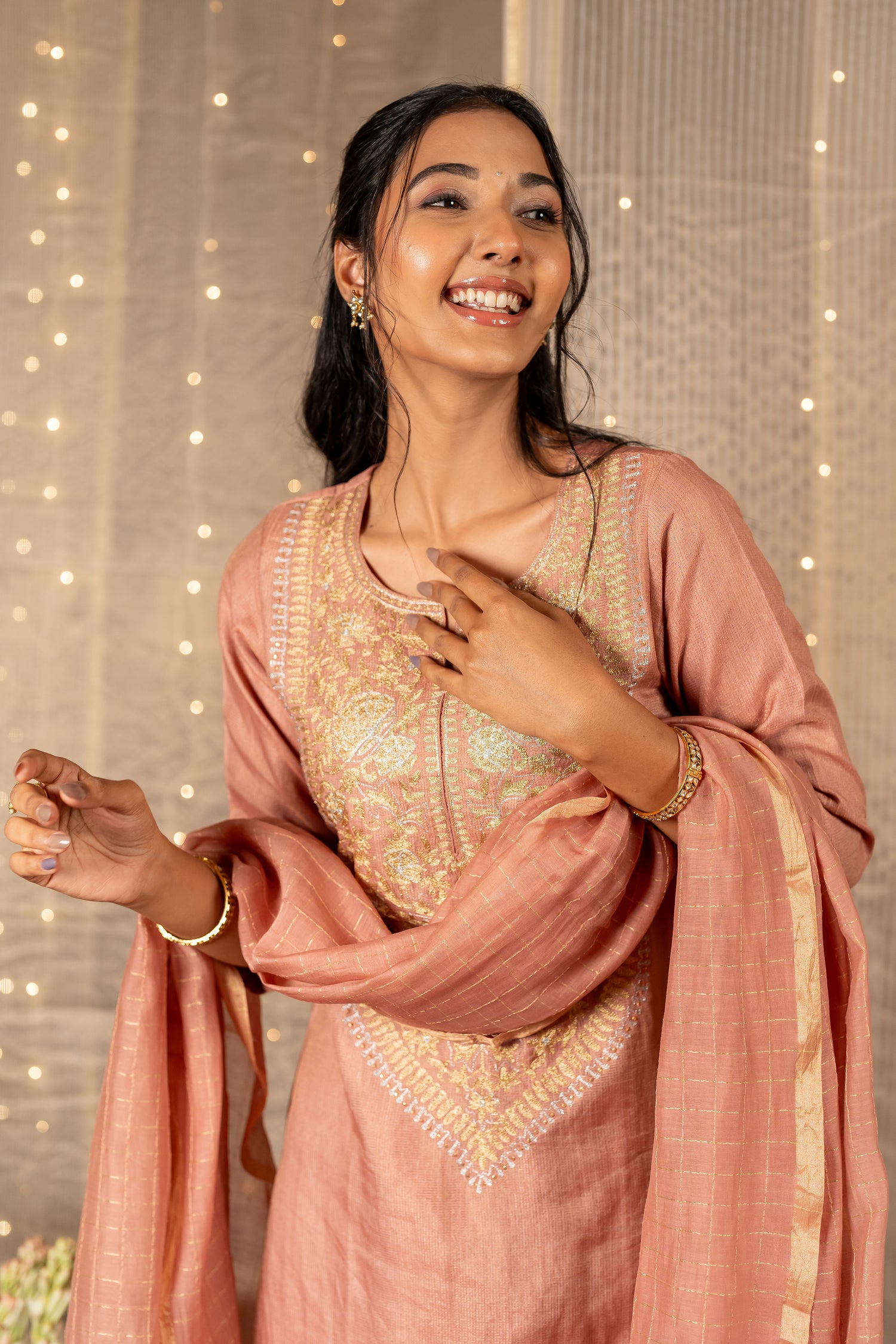 Ray Ethnic The Ira Onion Pink Silk Tissue Set of Three with Hand Embroidery