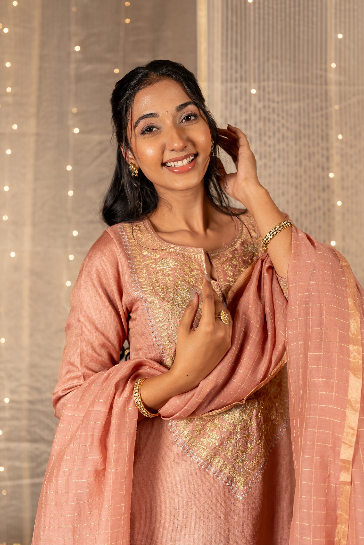Ray Ethnic The Ira Onion Pink Silk Tissue Set of Three with Hand Embroidery