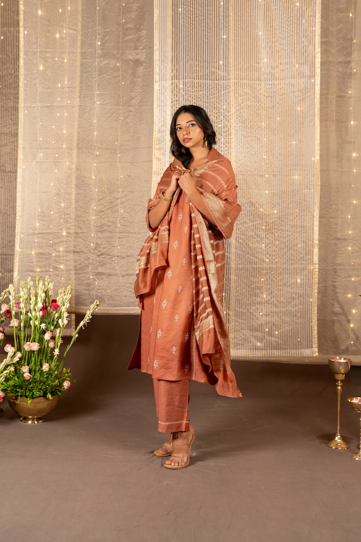 Ray Ethnic The Ira Brown Cotton Silk Kurta Set of Three with Hand Embroidery