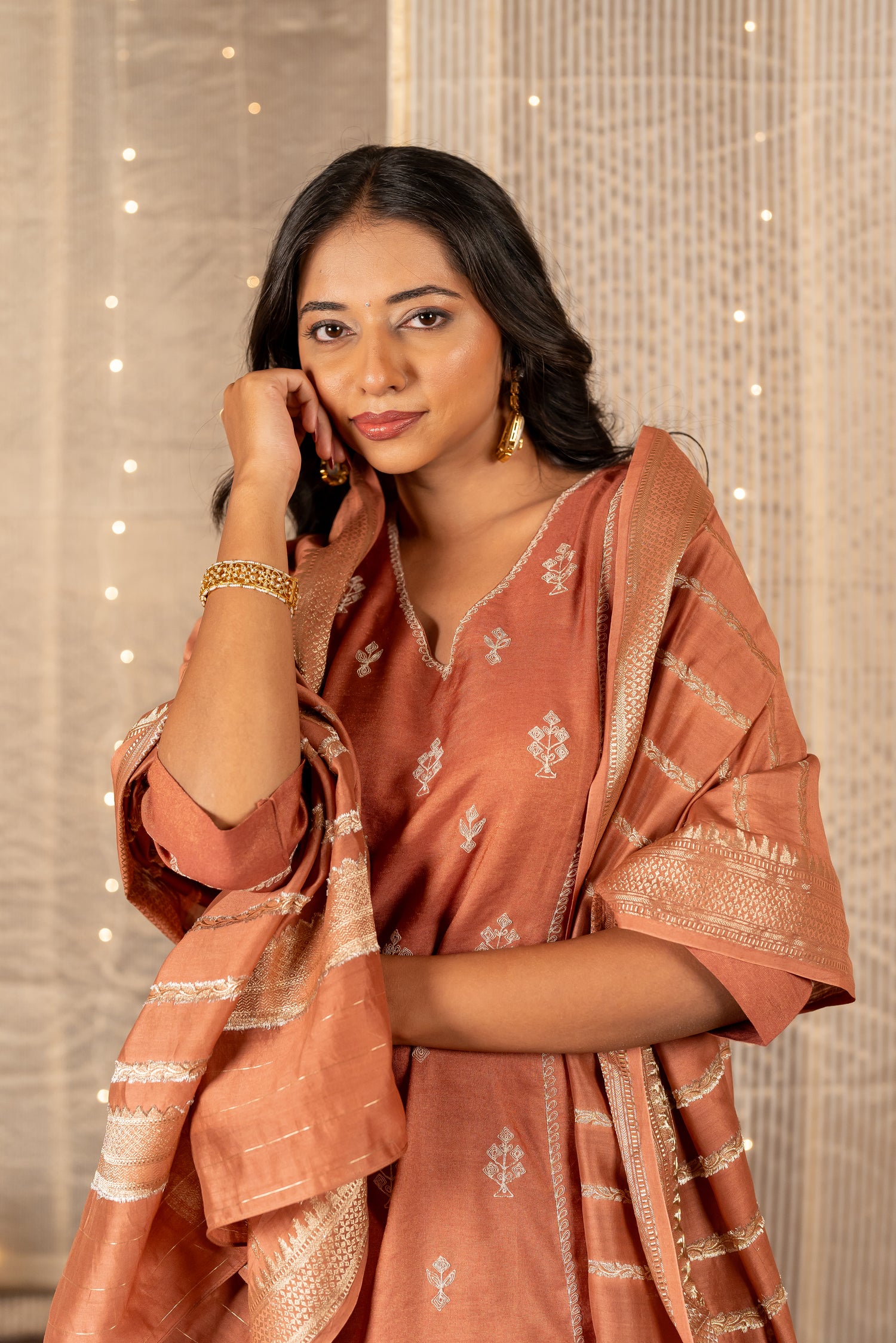 Ray Ethnic The Ira Brown Cotton Silk Kurta Set of Three with Hand Embroidery
