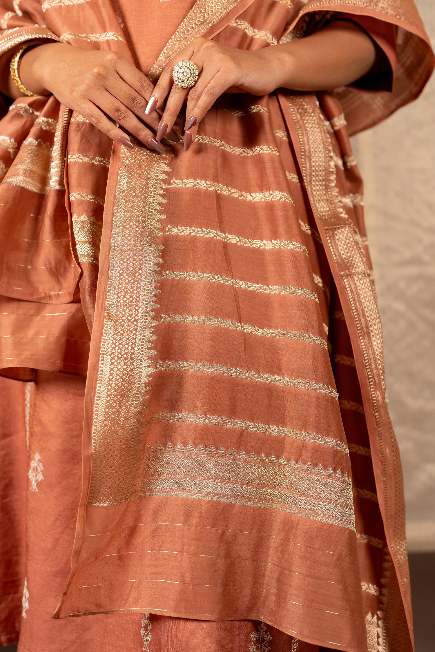 Ray Ethnic The Ira Brown Cotton Silk Kurta Set of Three with Hand Embroidery