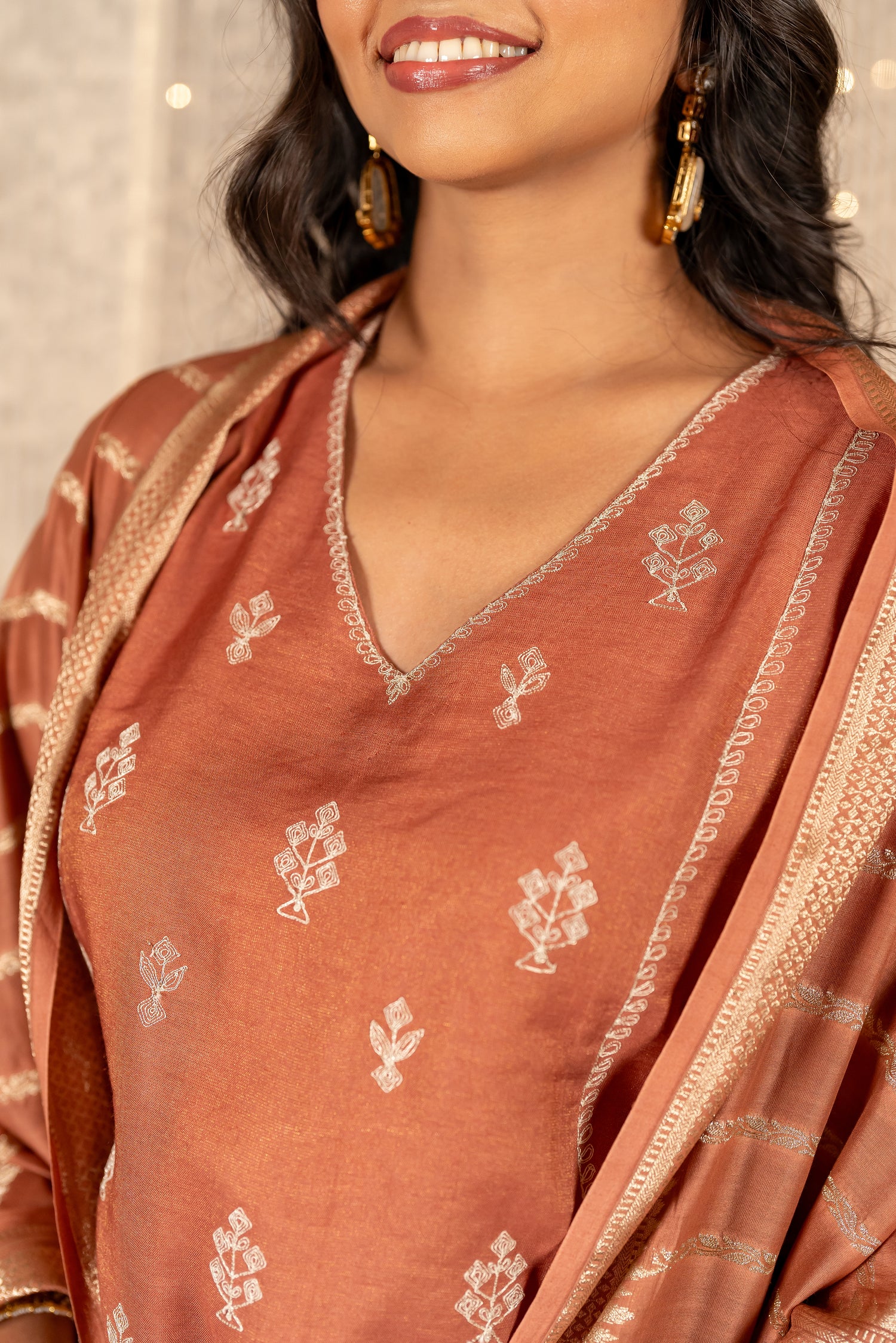 Ray Ethnic The Ira Brown Cotton Silk Kurta Set of Three with Hand Embroidery