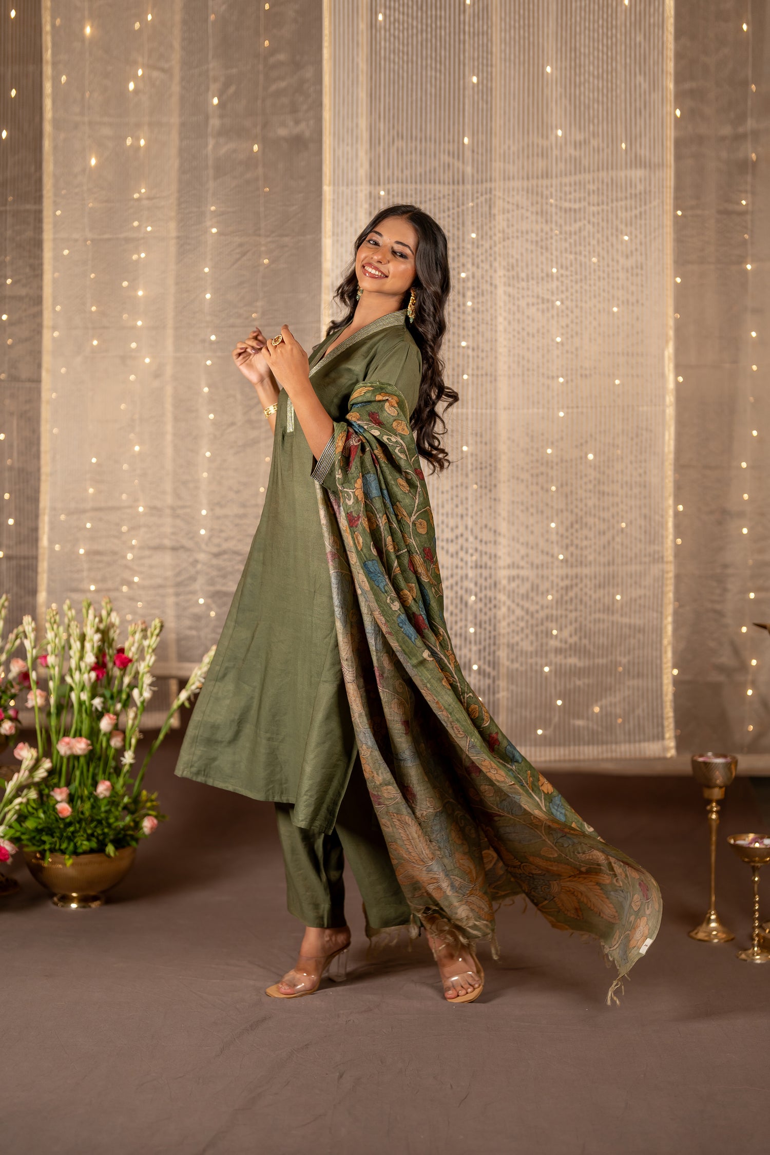 Ray Ethnic The Ira - Dusty Green Tasar Hand-Painted Kalamkari Dupatta