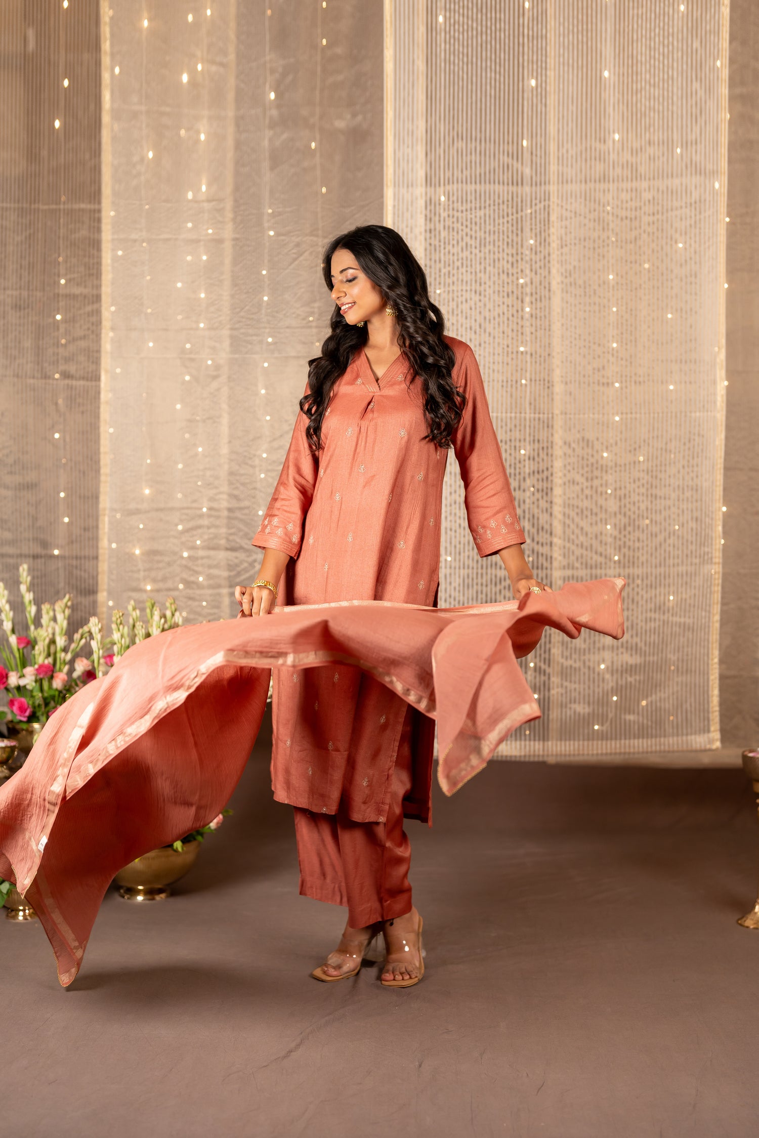 Ray Ethnic The Ira Rust Brown Cotton Silk Set of Three with Hand Embroidery