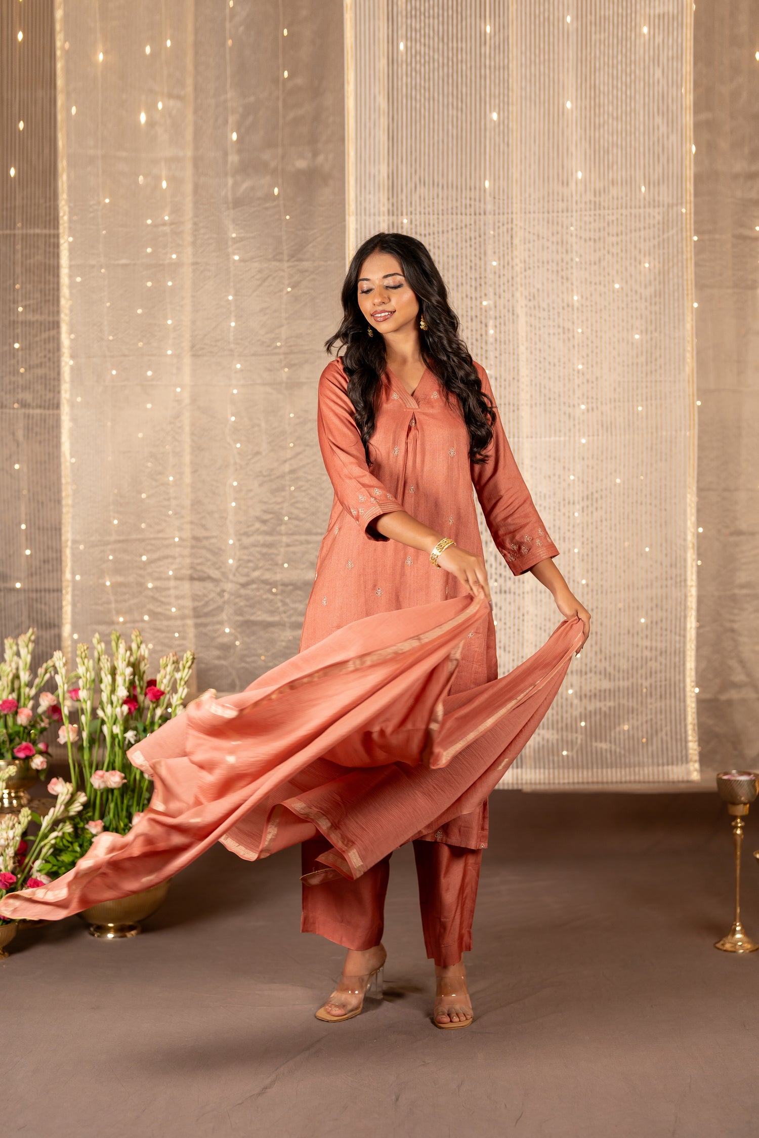Ray Ethnic The Ira Rust Brown Cotton Silk Set of Three with Hand Embroidery