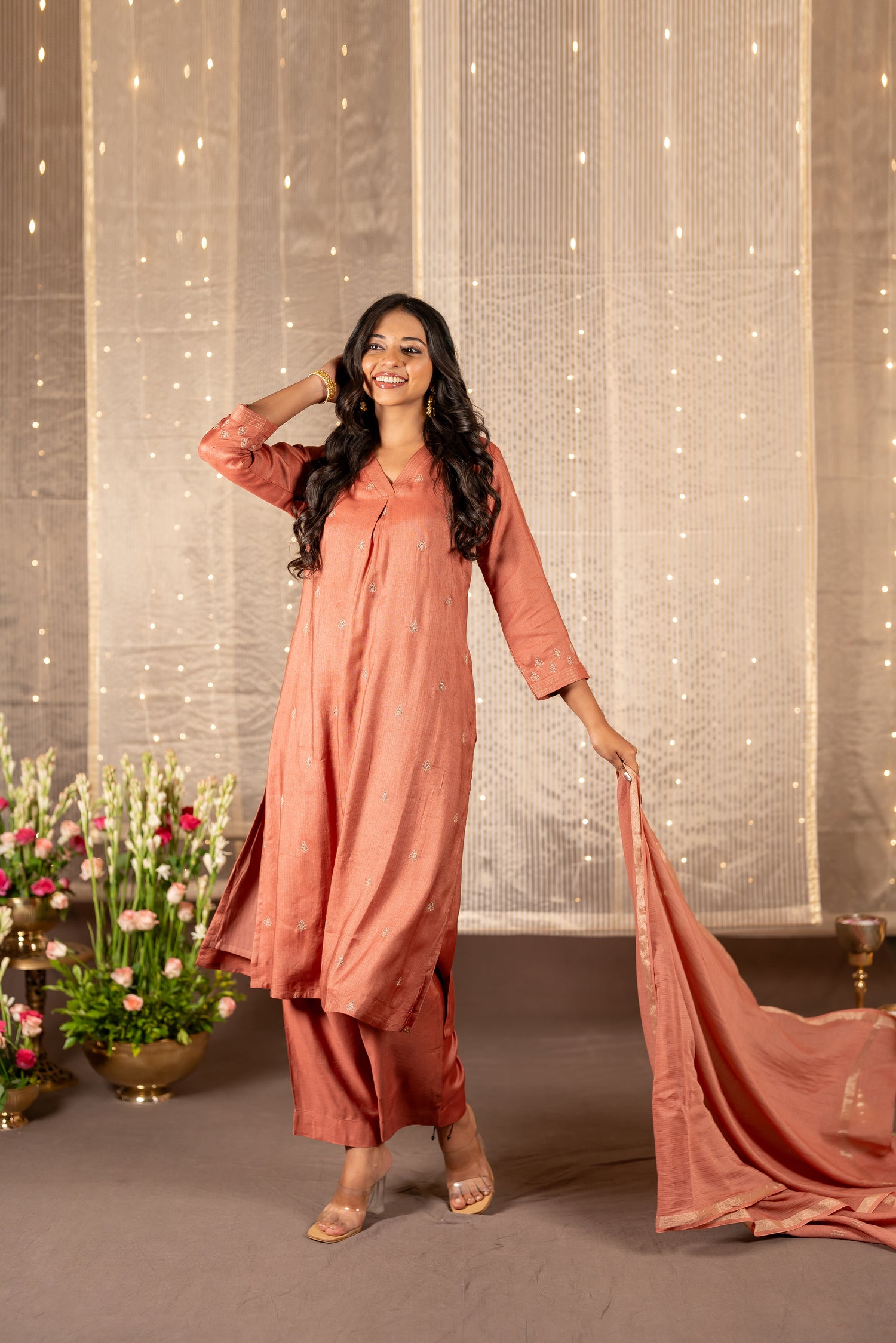 Ray Ethnic The Ira Rust Brown Cotton Silk Set of Three with Hand Embroidery