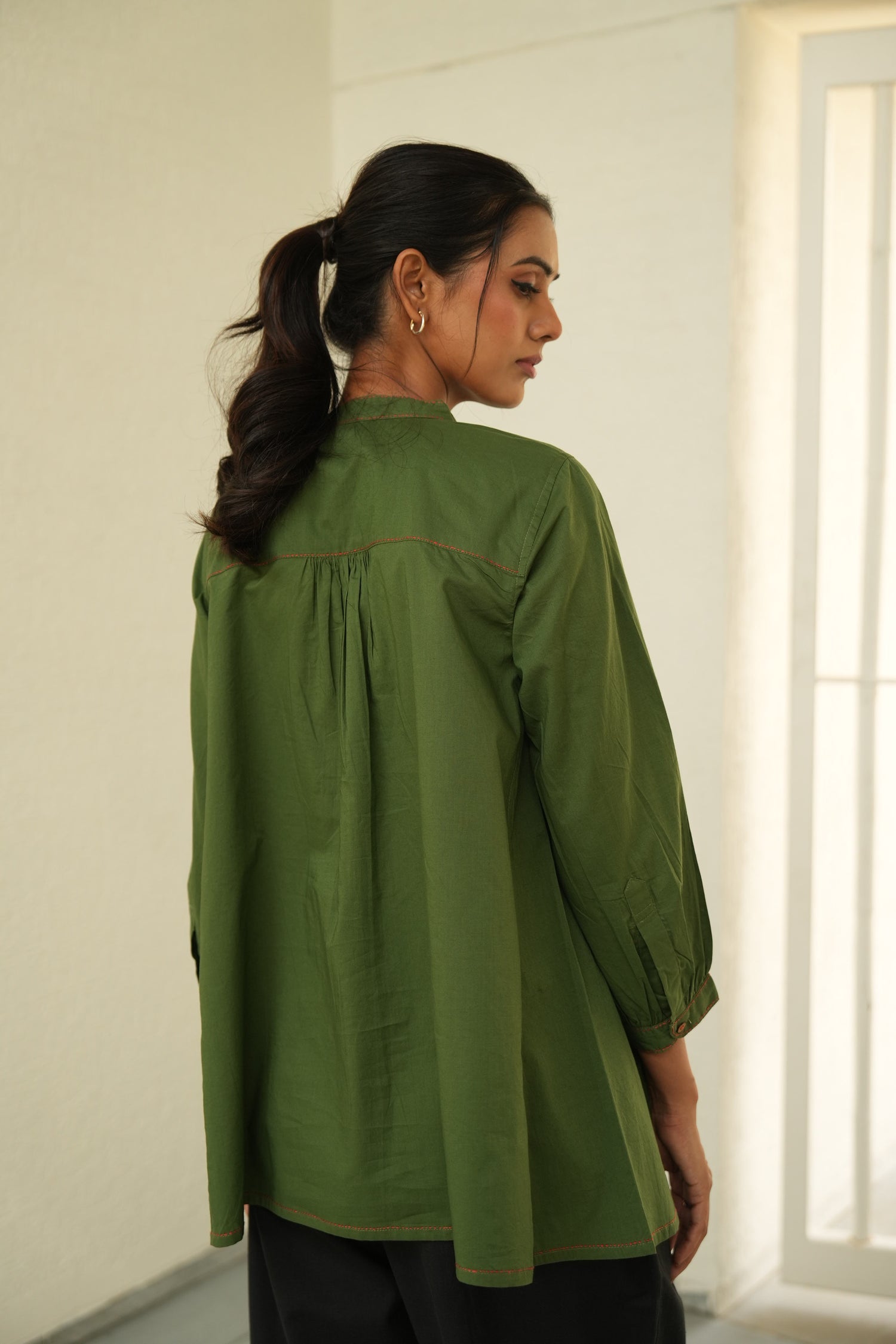 Neelam Olive Green Stitch Detail Cotton Top | Ray-ethnic