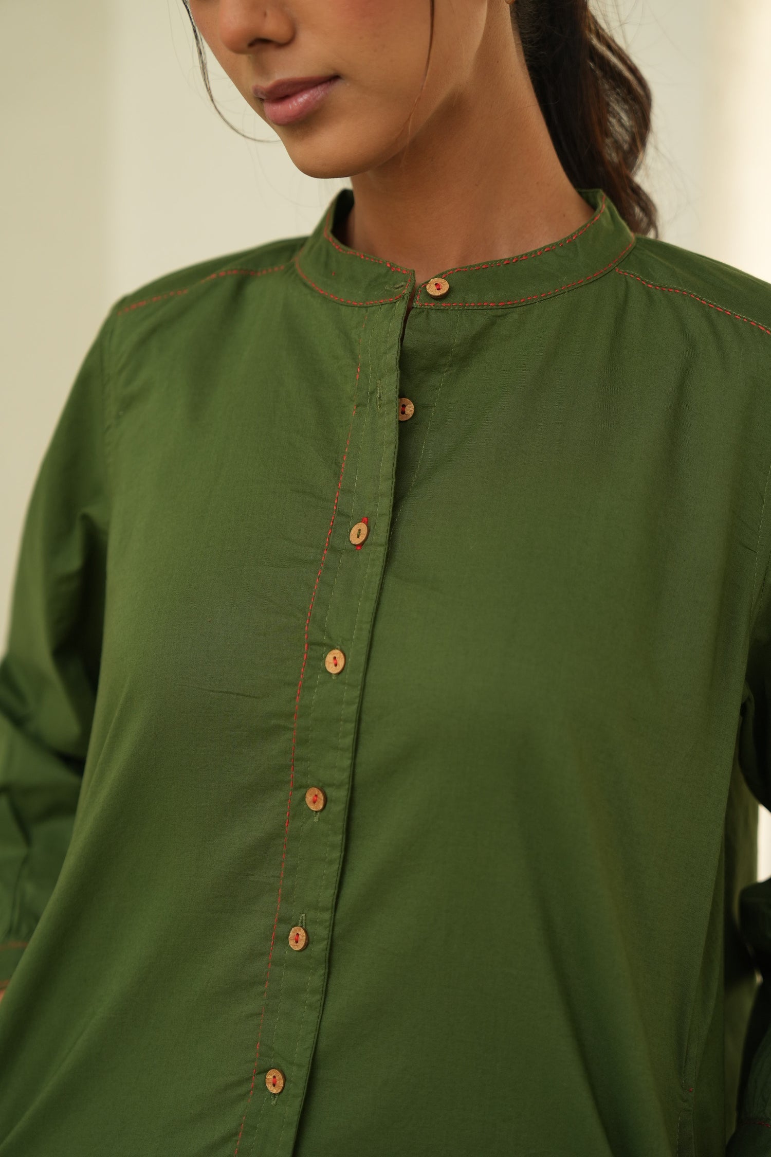 Neelam Olive Green Stitch Detail Cotton Top | Ray-ethnic