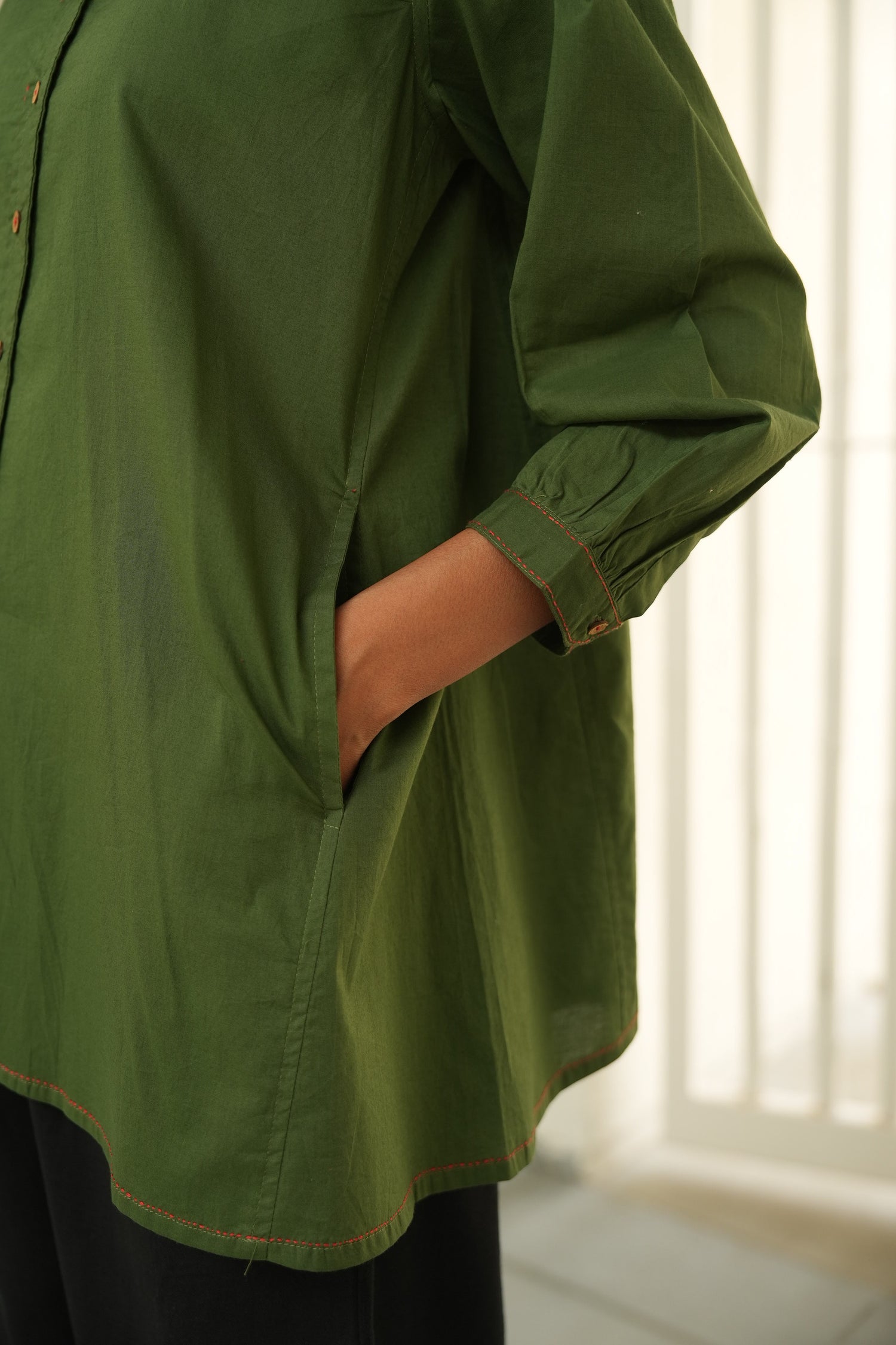Neelam Olive Green Stitch Detail Cotton Top | Ray-ethnic