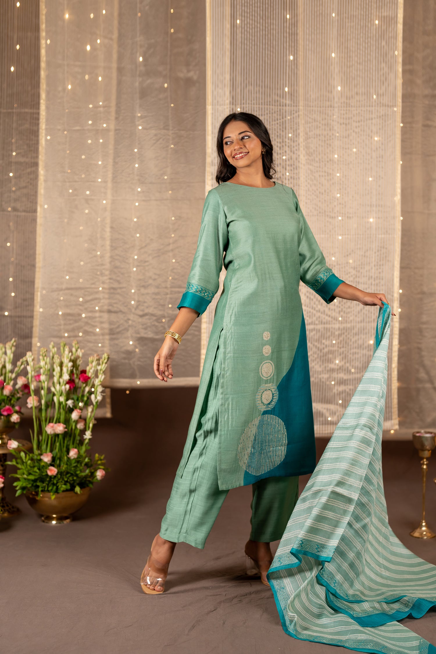 Ira Sea Green & Teal Blue Hand Embroidered Tasar Kurta Set of 3 with Zari | Ray Ethnic
