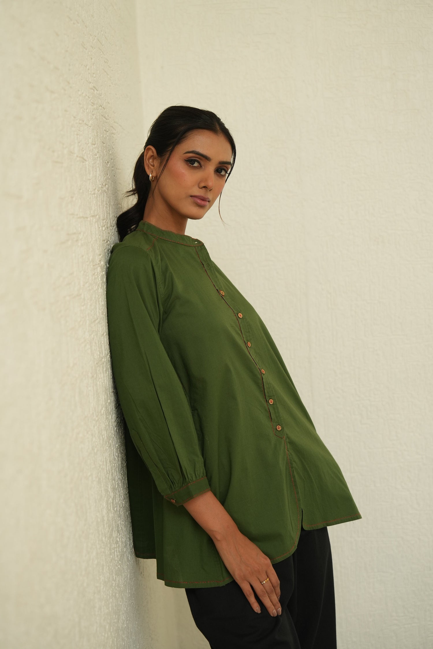 Neelam Olive Green Stitch Detail Cotton Top | Ray-ethnic