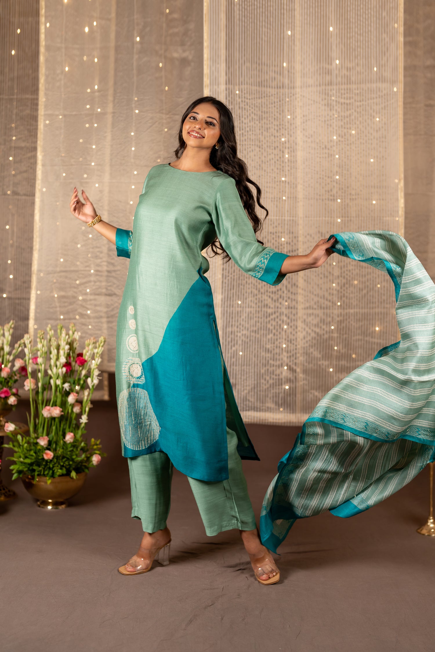 Ira Sea Green & Teal Blue Hand Embroidered Tasar Kurta Set of 3 with Zari | Ray Ethnic
