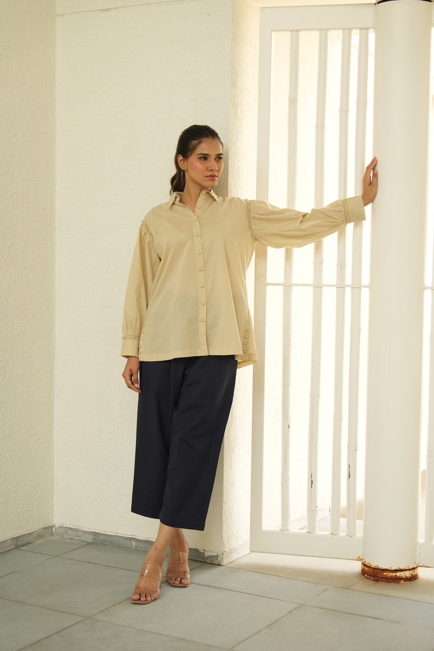 Beige Saral Sleeve Cotton Top | Ray-ethnic