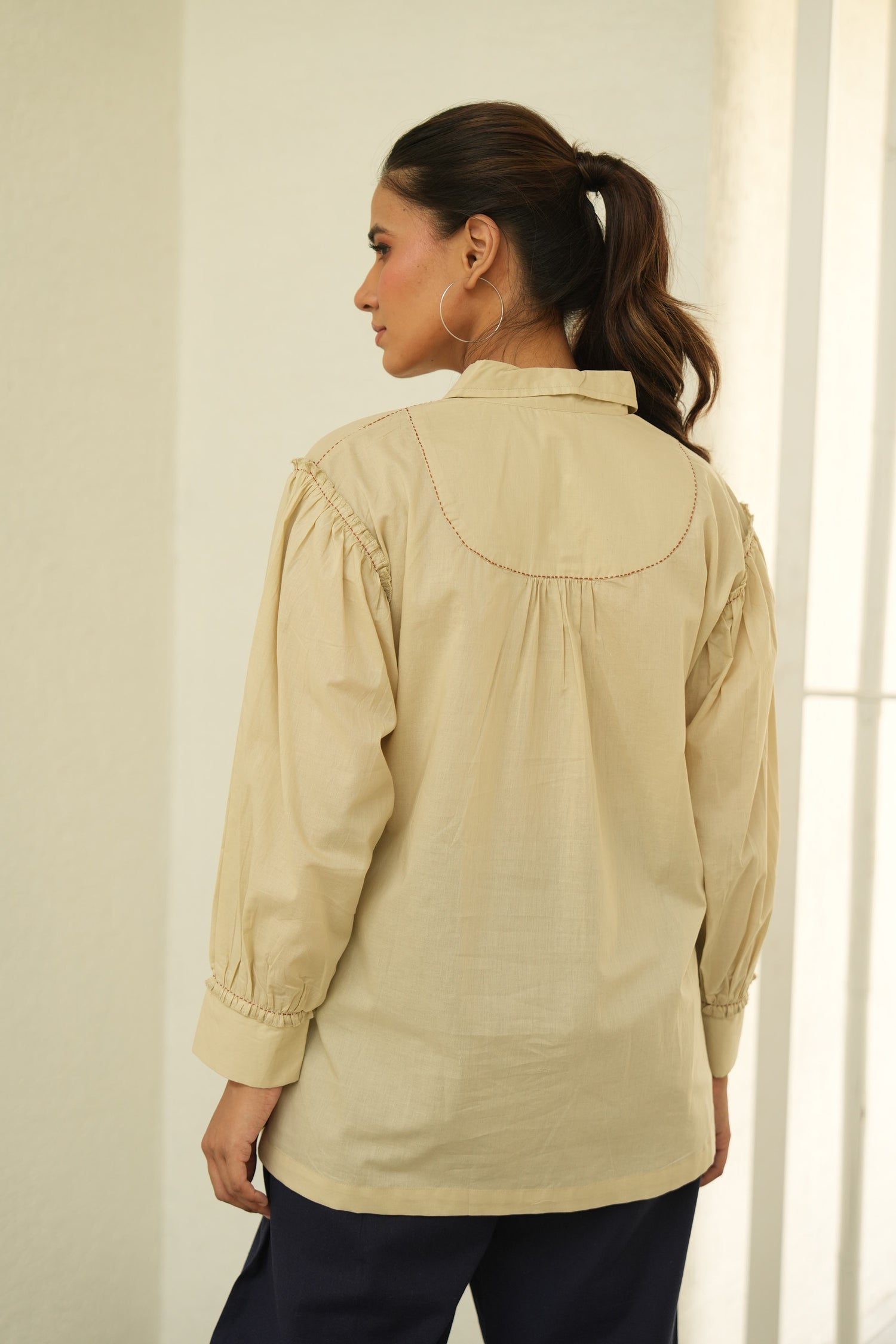 Beige Saral Sleeve Cotton Top | Ray-ethnic