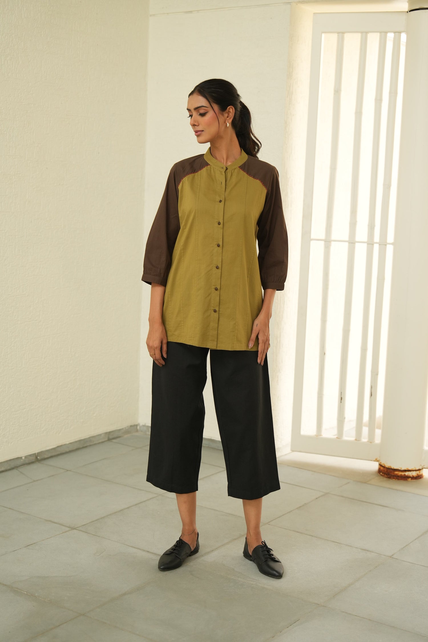 Tamarind Olive Panel Cotton Top | SARAL – Pure Cotton | Ray-ethnic