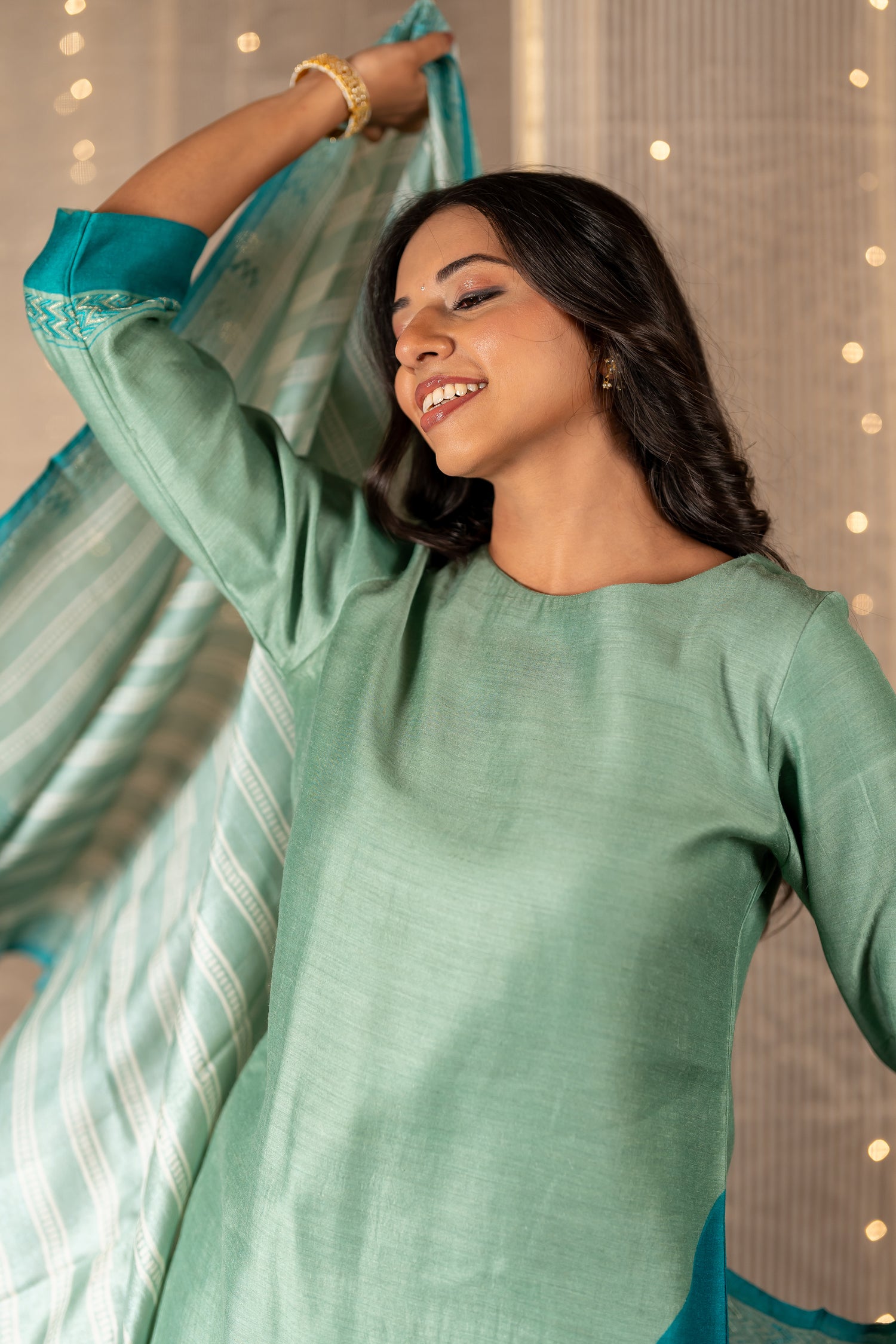 Ira Sea Green & Teal Blue Hand Embroidered Tasar Kurta Set of 3 with Zari | Ray Ethnic