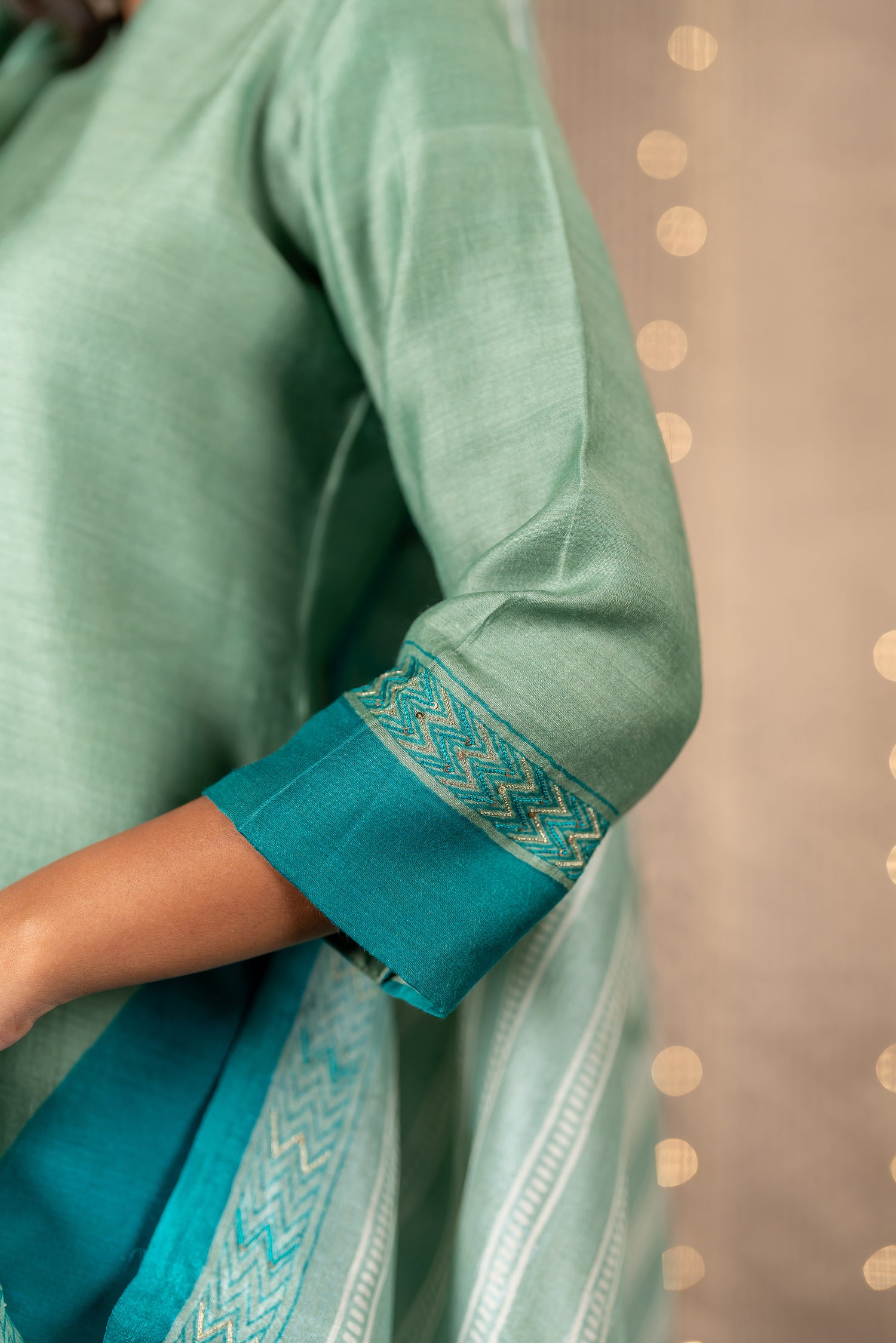 Ira Sea Green & Teal Blue Hand Embroidered Tasar Kurta Set of 3 with Zari | Ray Ethnic