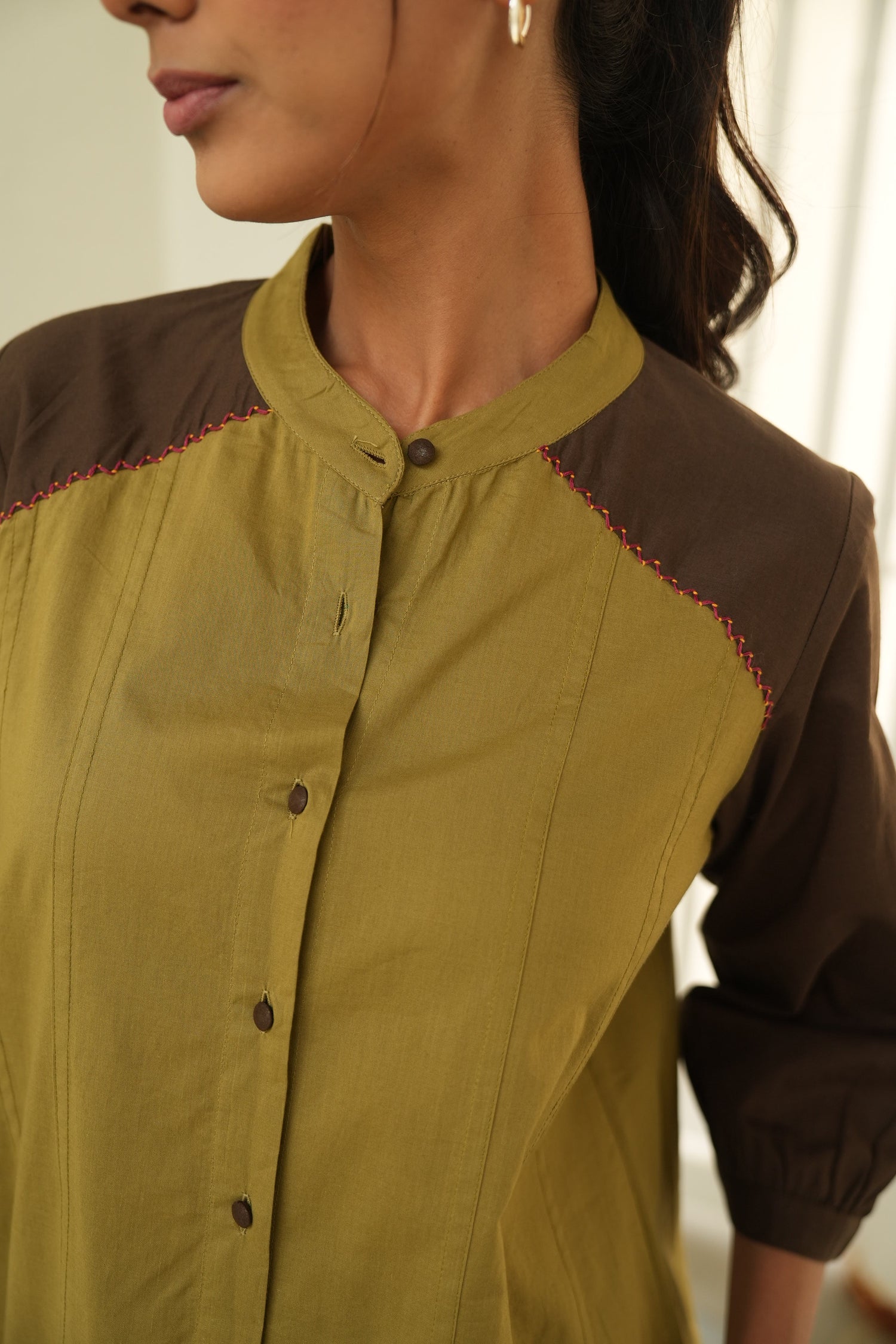 Tamarind Olive Panel Cotton Top | SARAL – Pure Cotton | Ray-ethnic