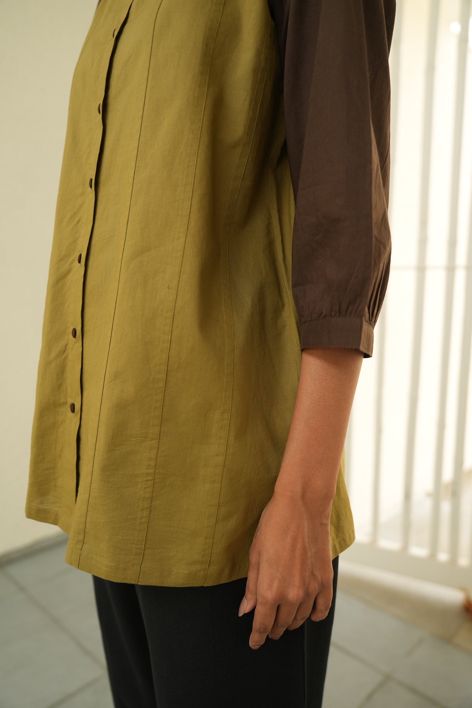 Tamarind Olive Panel Cotton Top | SARAL – Pure Cotton | Ray-ethnic