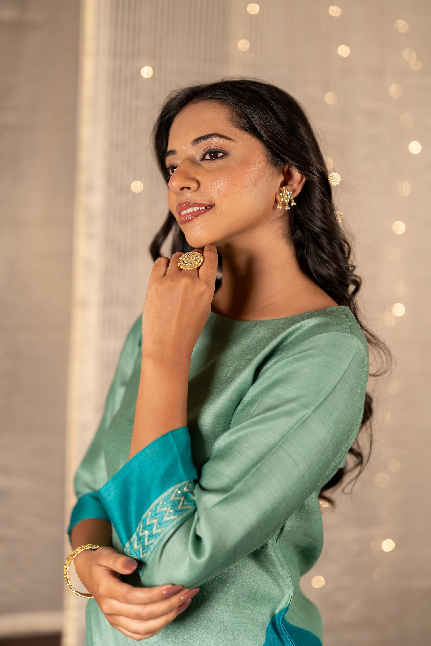 Ira Sea Green & Teal Blue Hand Embroidered Tasar Kurta Set of 3 with Zari | Ray Ethnic