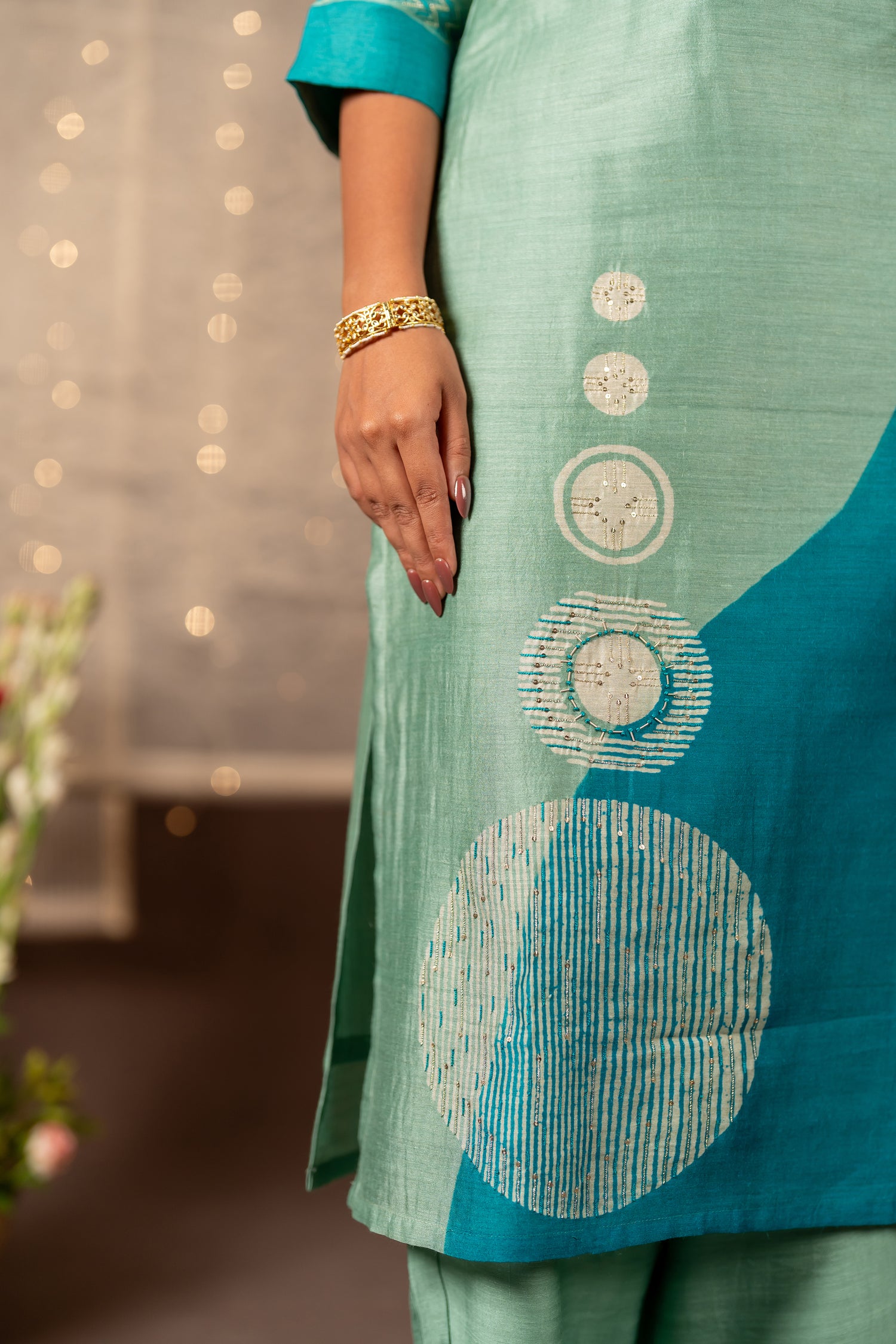 Ira Sea Green & Teal Blue Hand Embroidered Tasar Kurta Set of 3 with Zari | Ray Ethnic