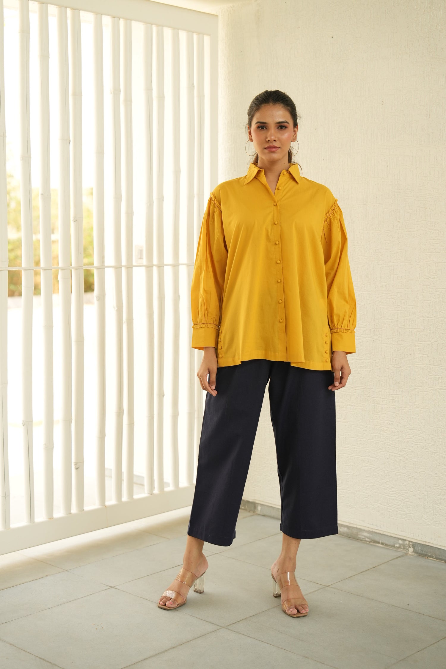 Saral Mustard Gathered Sleeve Cotton Top | Ray-ethnic