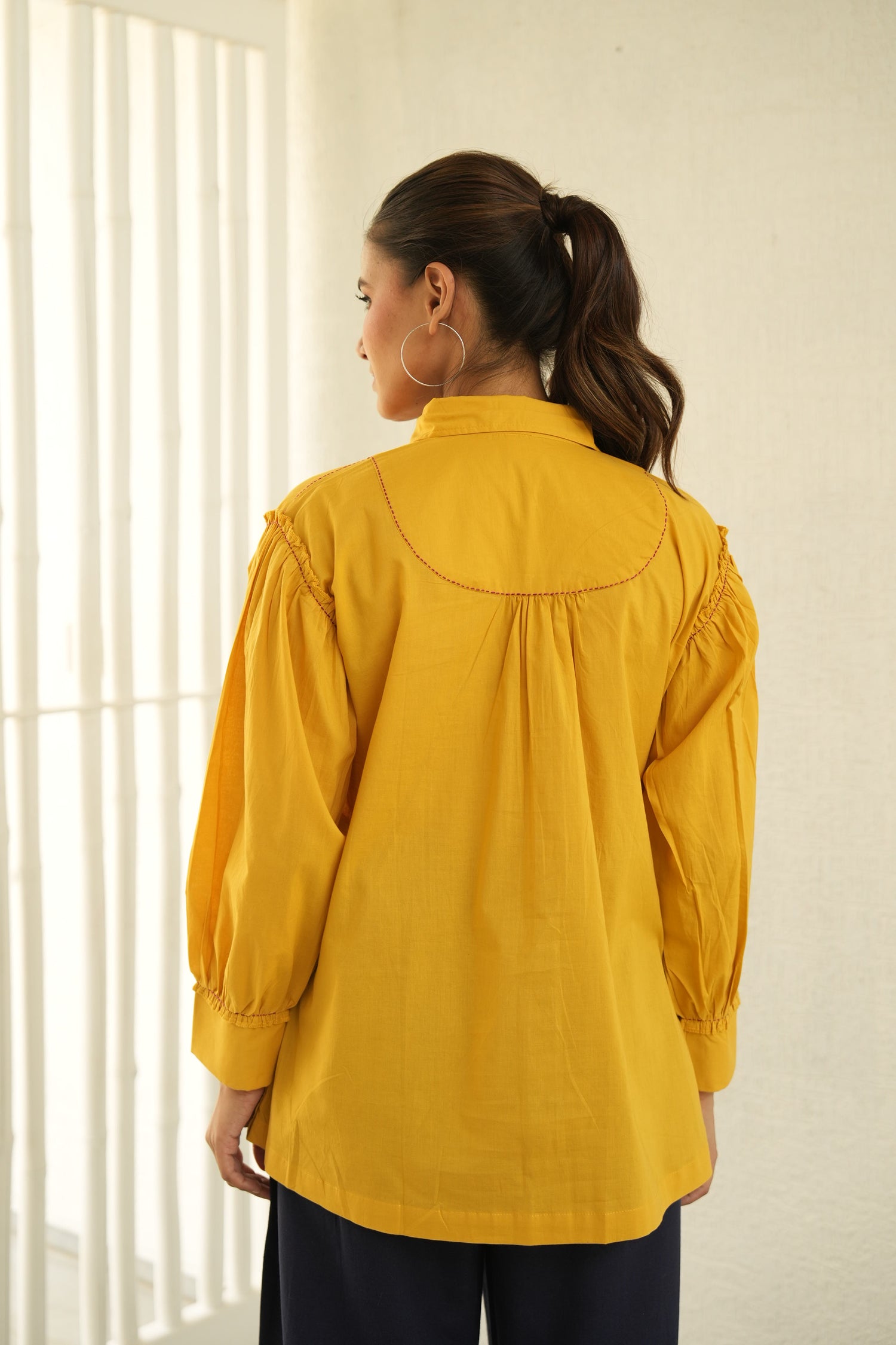 Saral Mustard Gathered Sleeve Cotton Top | Ray-ethnic