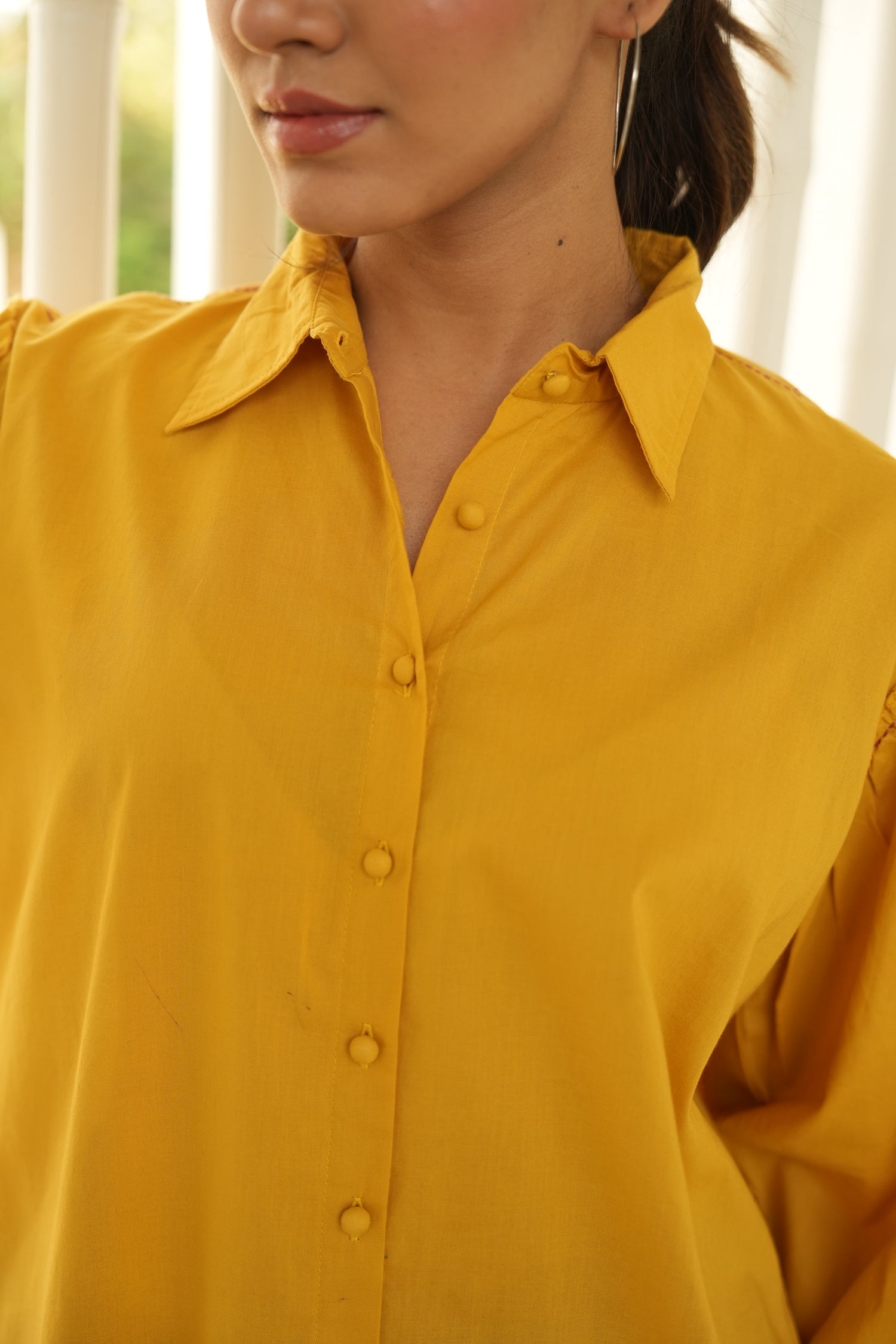 Saral Mustard Gathered Sleeve Cotton Top | Ray-ethnic