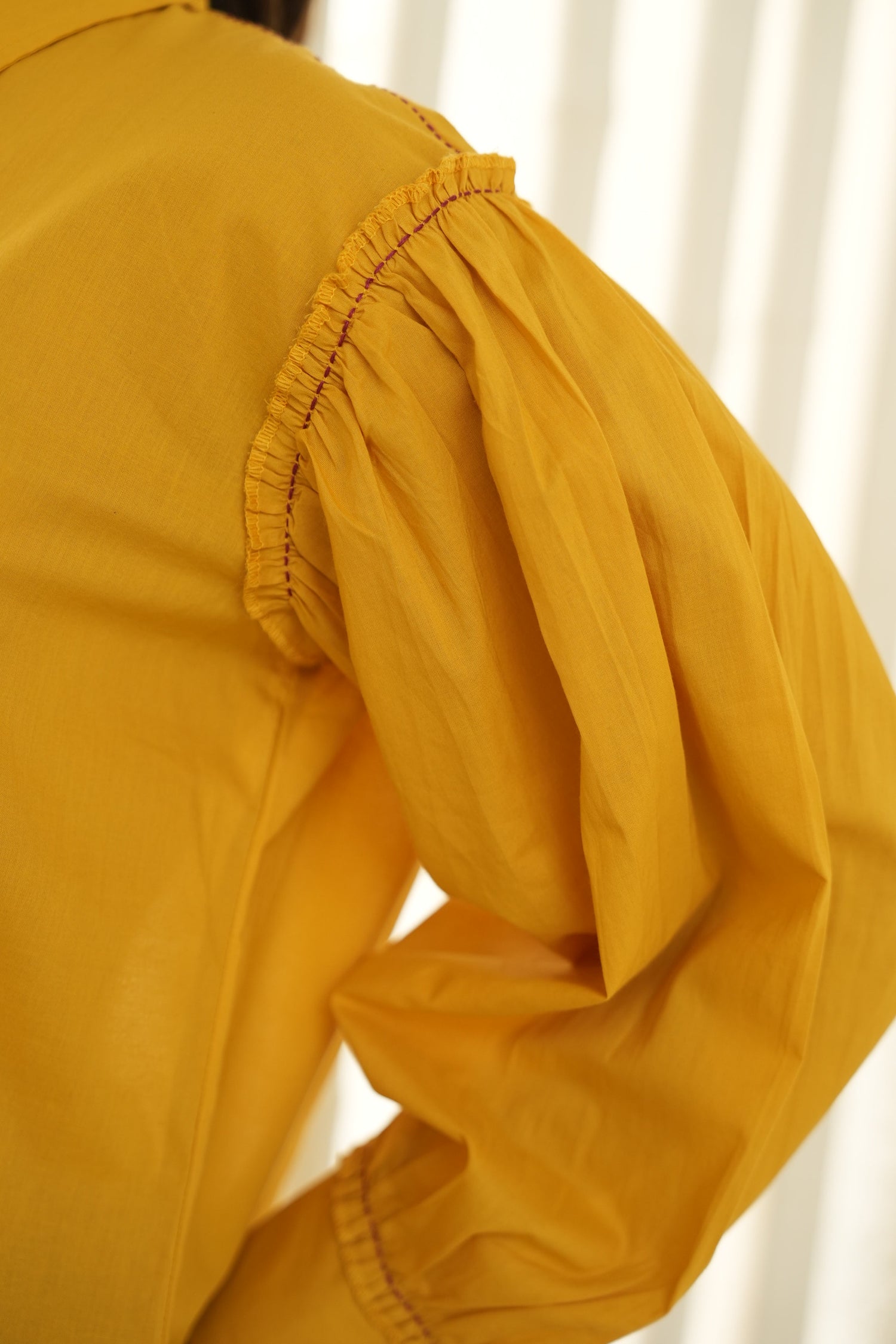 Saral Mustard Gathered Sleeve Cotton Top | Ray-ethnic