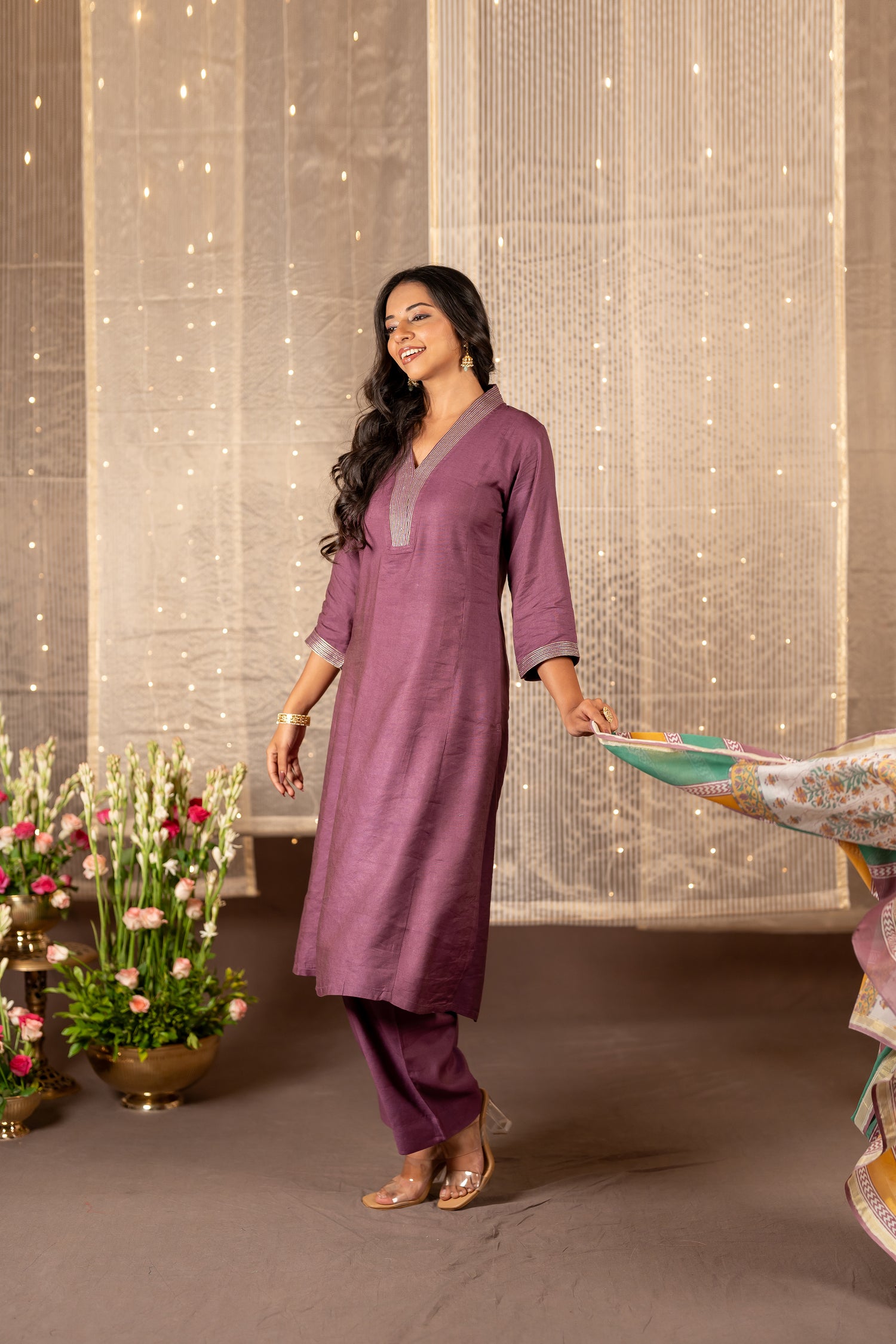 Ira Purple Silk Tissue Striped Kurta Set of 2 | Ray Ethnic
