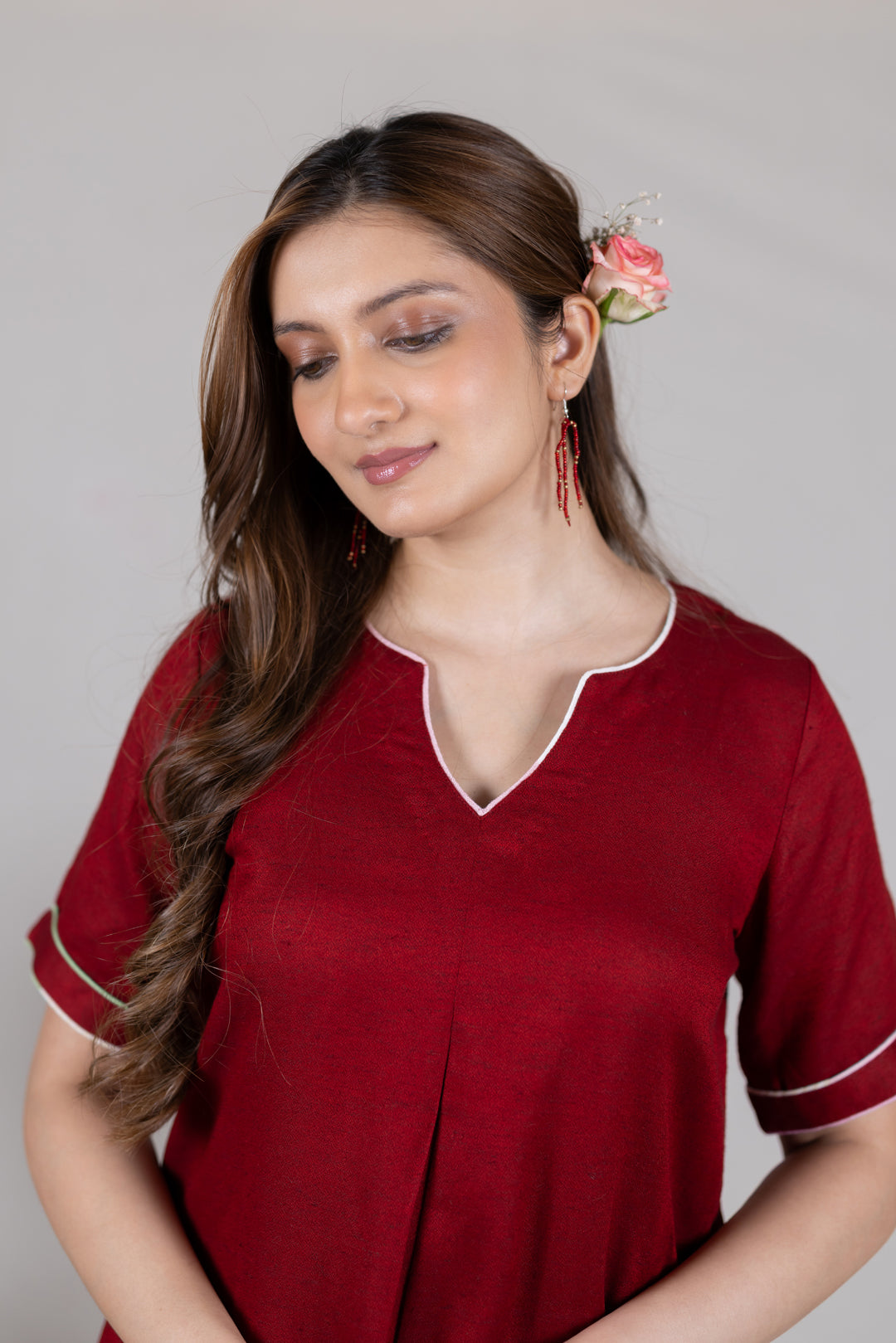 Moss Cotton Kurta in Solid Red for Women - Sahaj