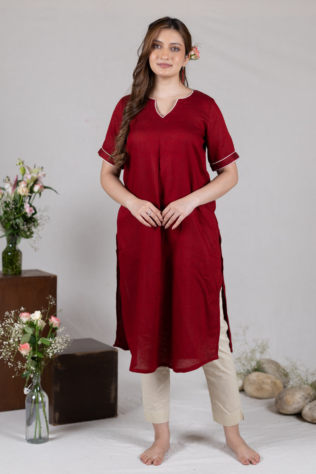 Moss Cotton Kurta in Solid Red for Women - Sahaj