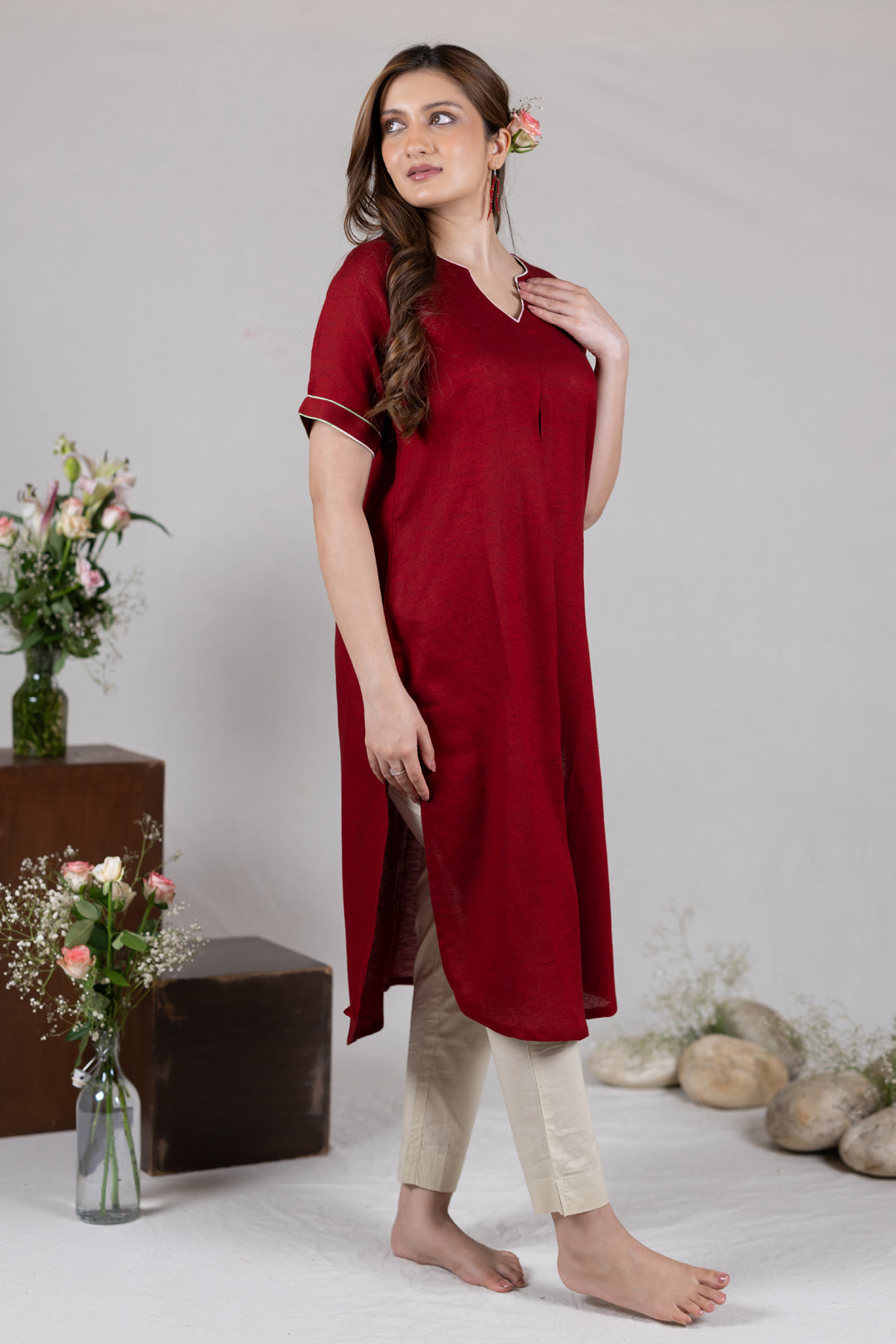 Moss Cotton Kurta in Solid Red for Women - Sahaj