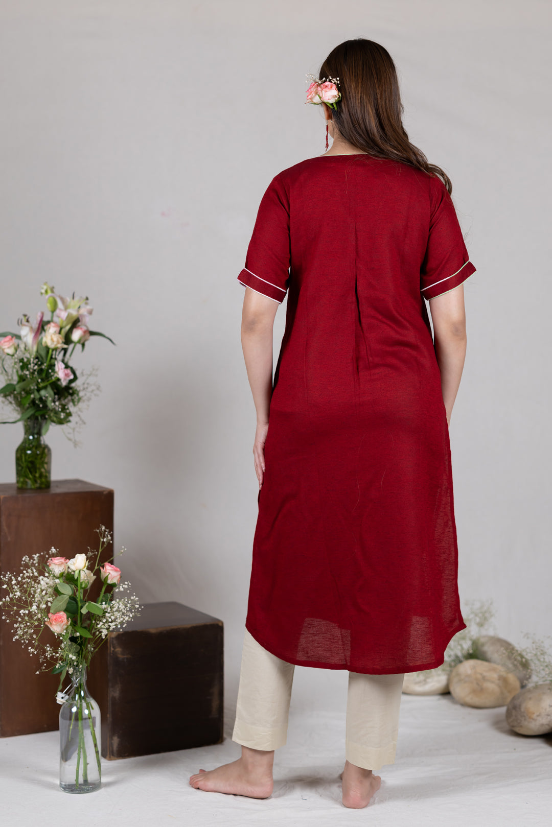 Moss Cotton Kurta in Solid Red for Women - Sahaj