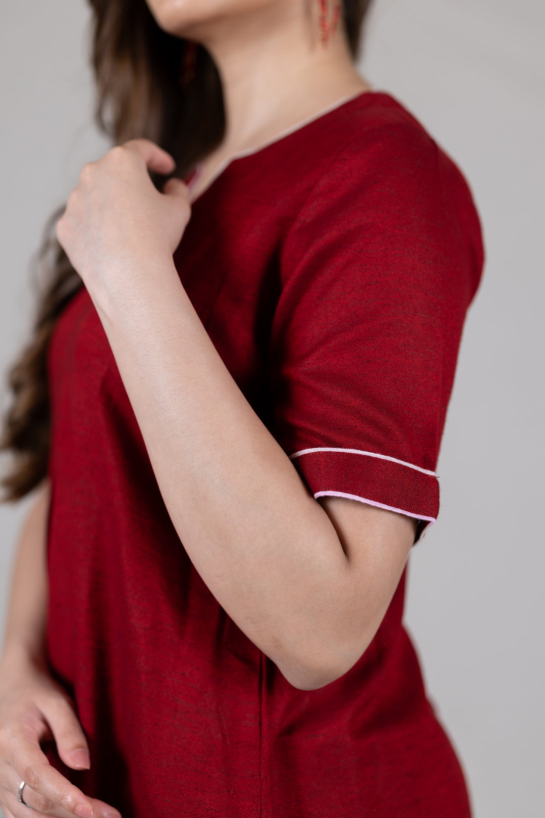 Moss Cotton Kurta in Solid Red for Women - Sahaj