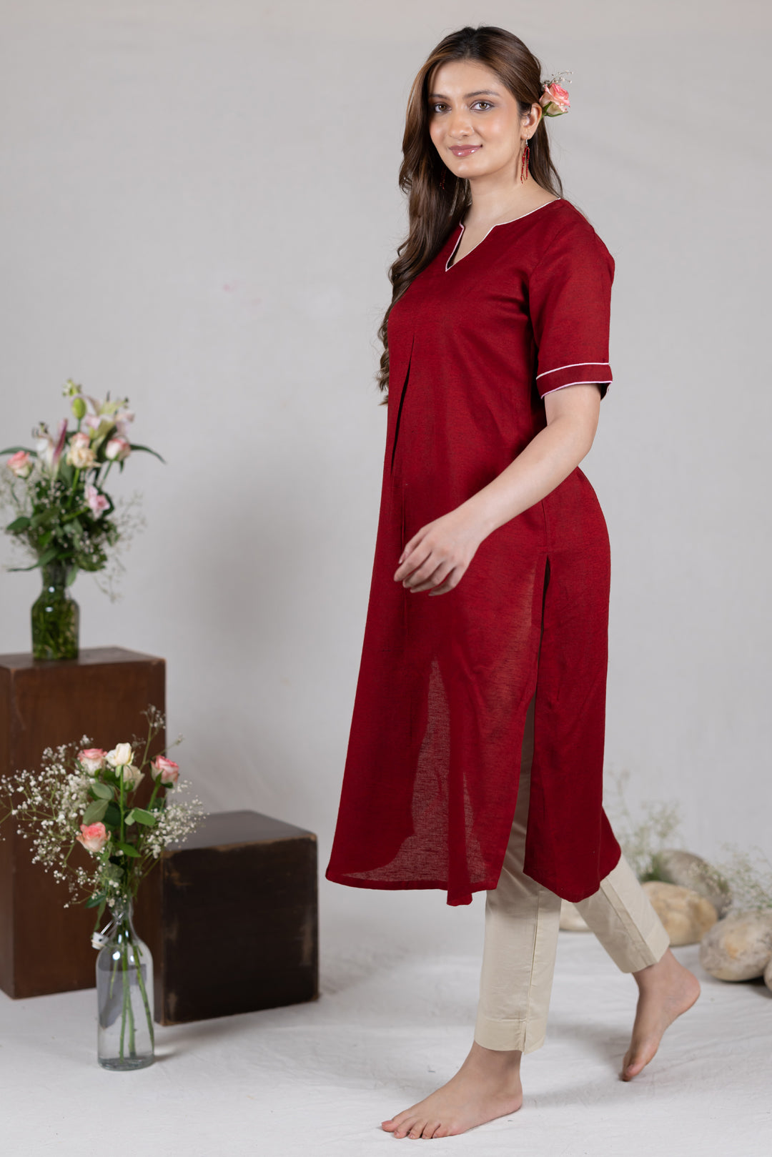 Moss Cotton Kurta in Solid Red for Women - Sahaj